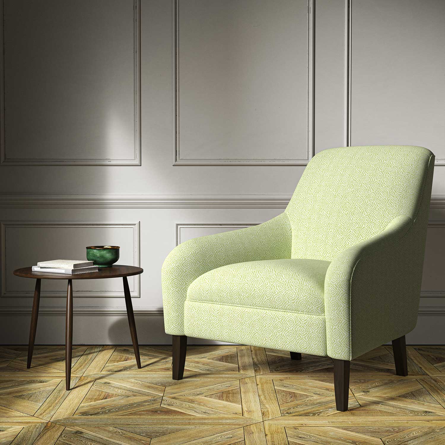 Armchair upholstered in a green woven fabric