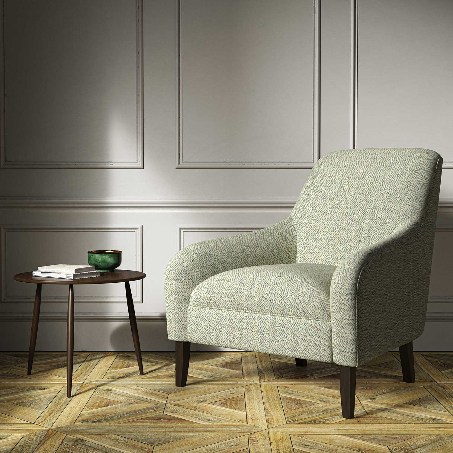 Armchair upholstered in a blue woven fabric