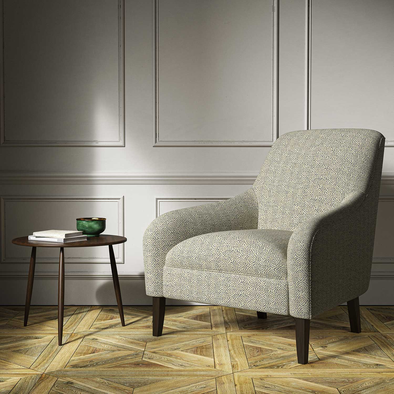 Armchair upholstered in a blue woven fabric