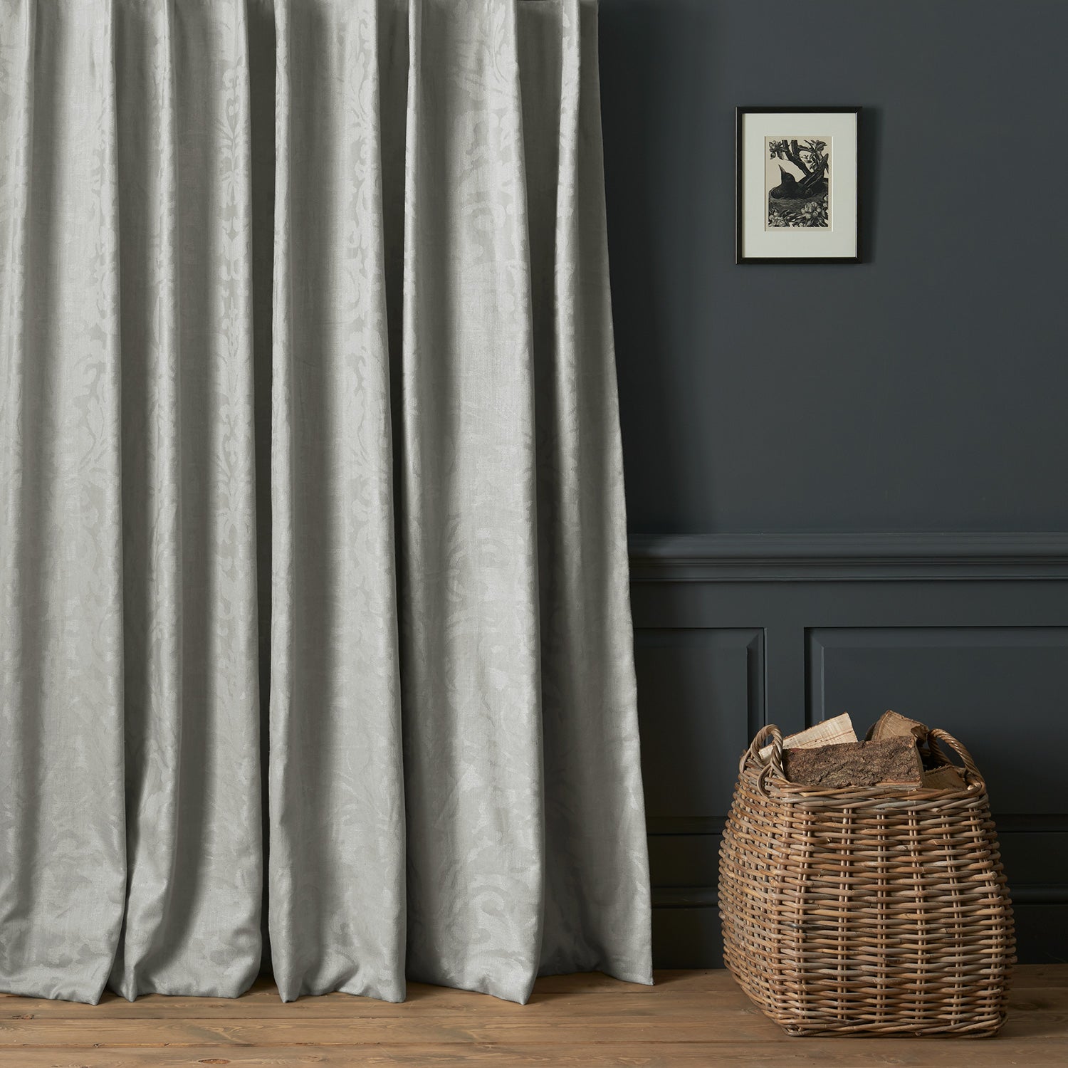 Curtains in a contemporary damask fabric in a cream colour