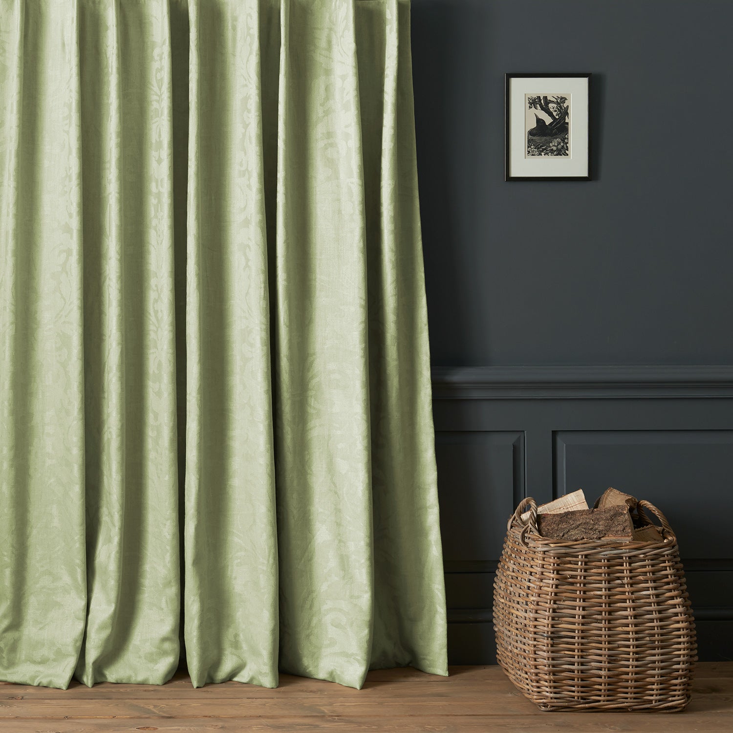 Curtains in a contemporary damask fabric with a light green colours.