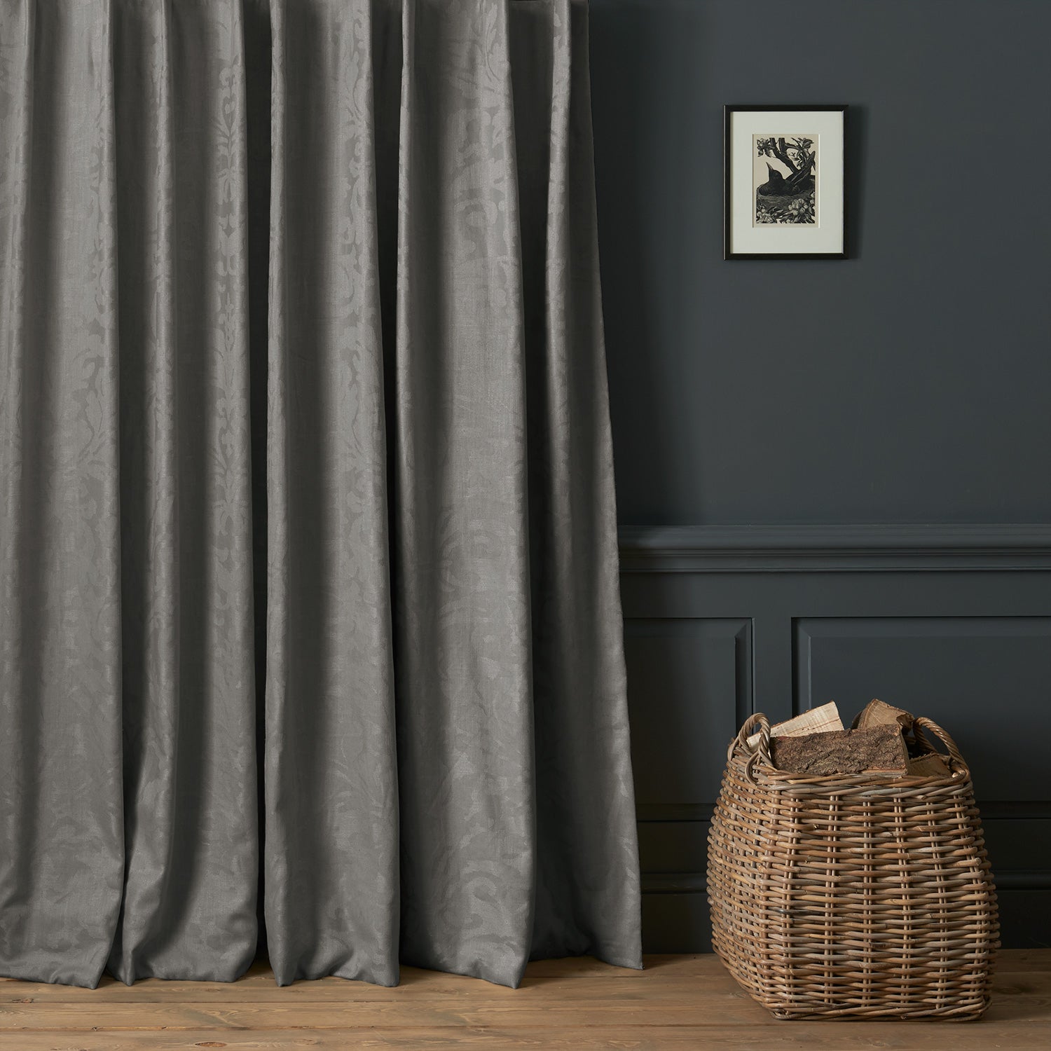 Curtains in a contemporary damask fabric with dark grey colours.