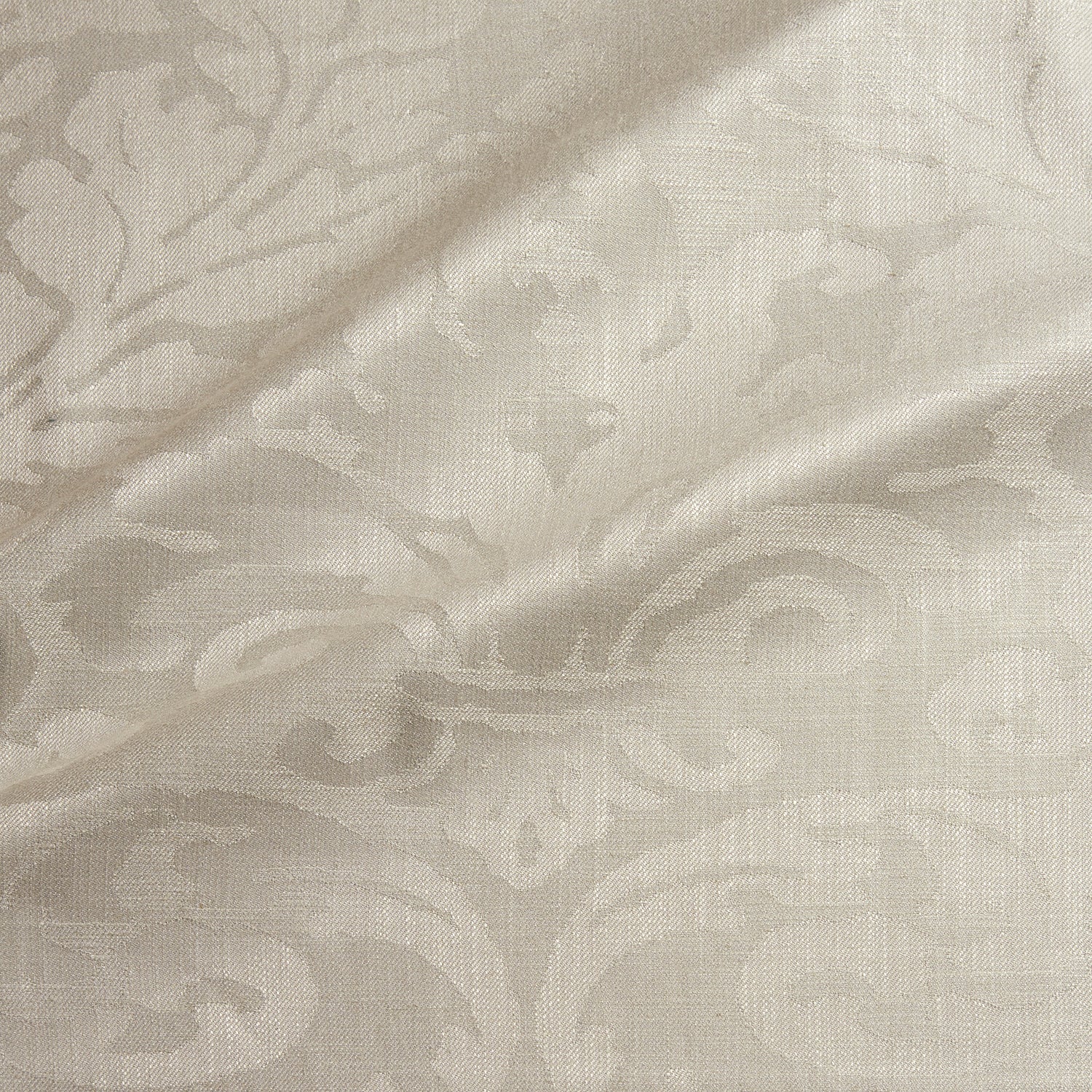 Fabric swatch of a contemporary damask fabric in a light neutral colour for upholstery and curtains.