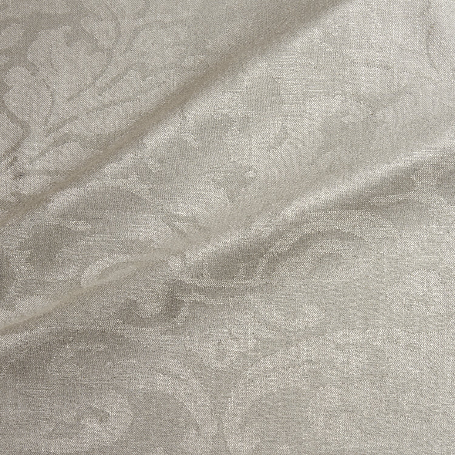 Fabric swatch of a contemporary damask fabric in a neutral colour for upholstery and curtains.