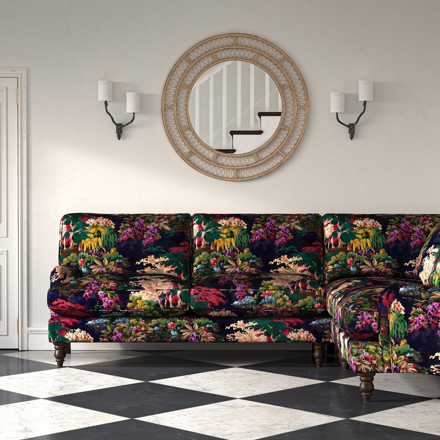 Sofa in printed velvet fabric with ornamental garden scenic design in multicolours.
