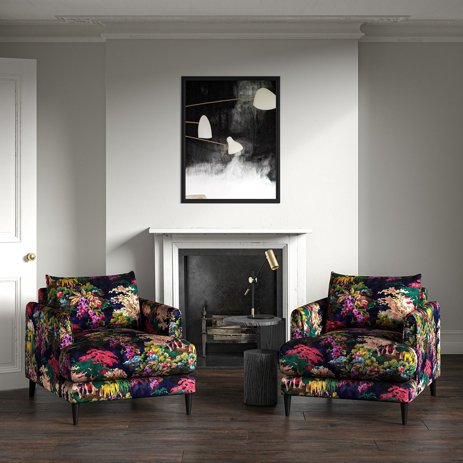 Armchairs in printed velvet fabric with ornamental garden scenic design in multicolours.