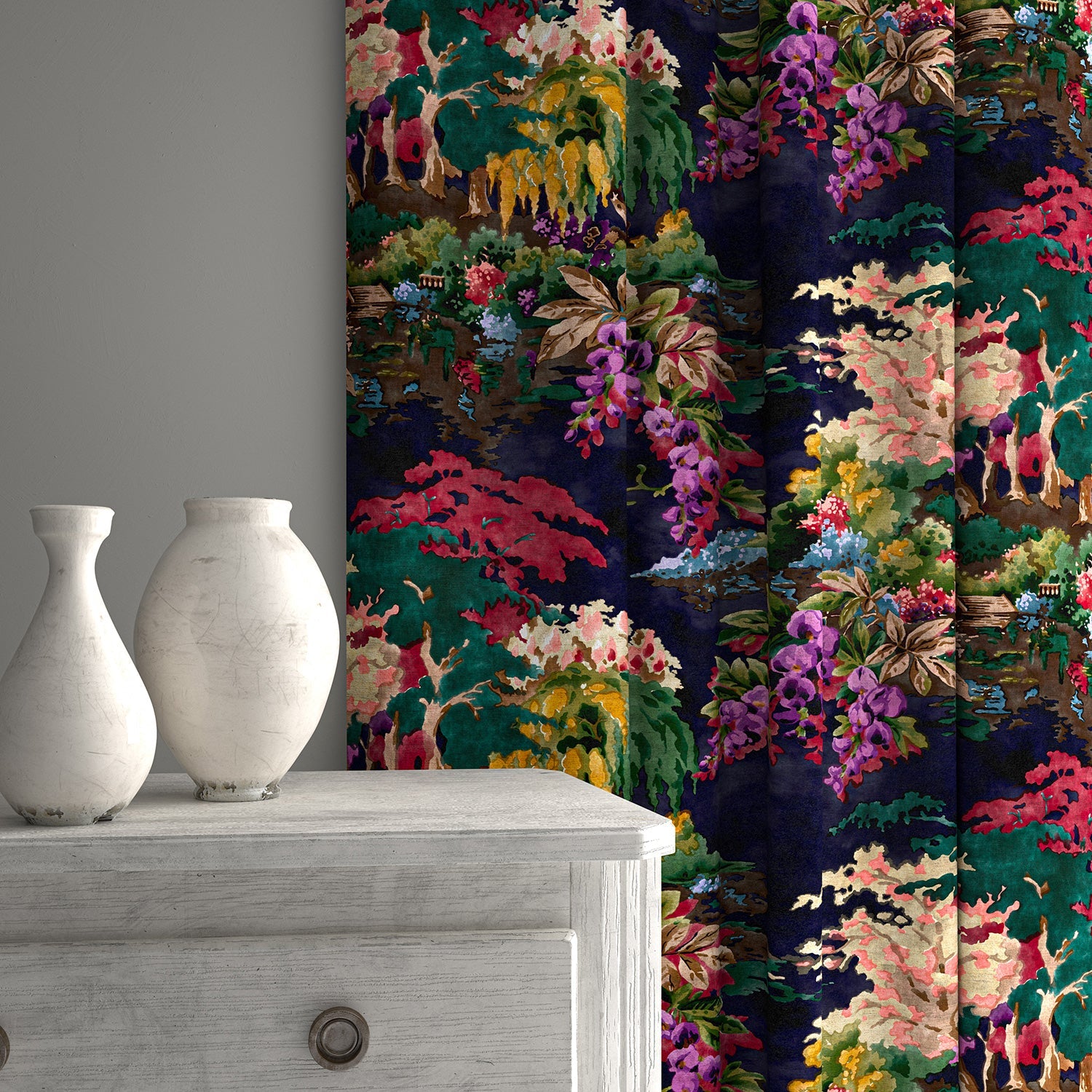 Curtains in printed velvet fabric with ornamental garden scenic design in multicolours.