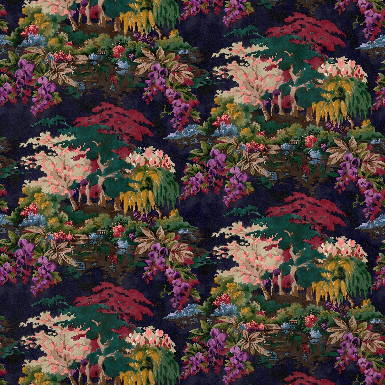 Printed velvet fabric with ornamental garden scenic design in multicolours for curtains and upholstery.