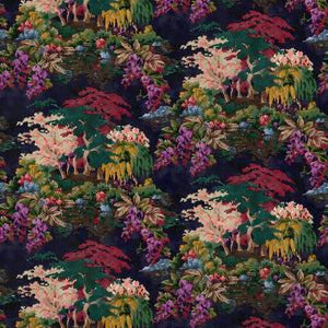 Printed velvet fabric with ornamental garden scenic design in multicolours for curtains and upholstery.