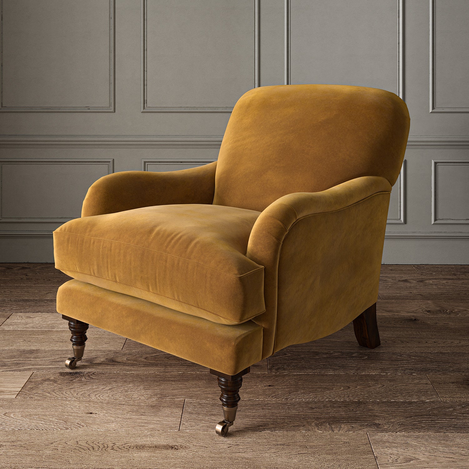 Yellow eco velvet upholstery fabric on an armchair