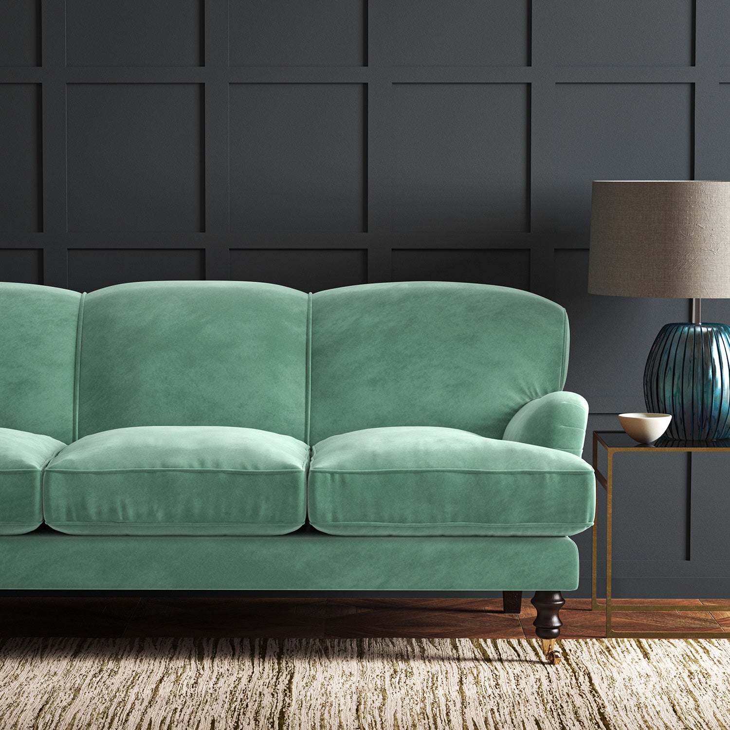 Blue eco velvet upholstery fabric on a sofa