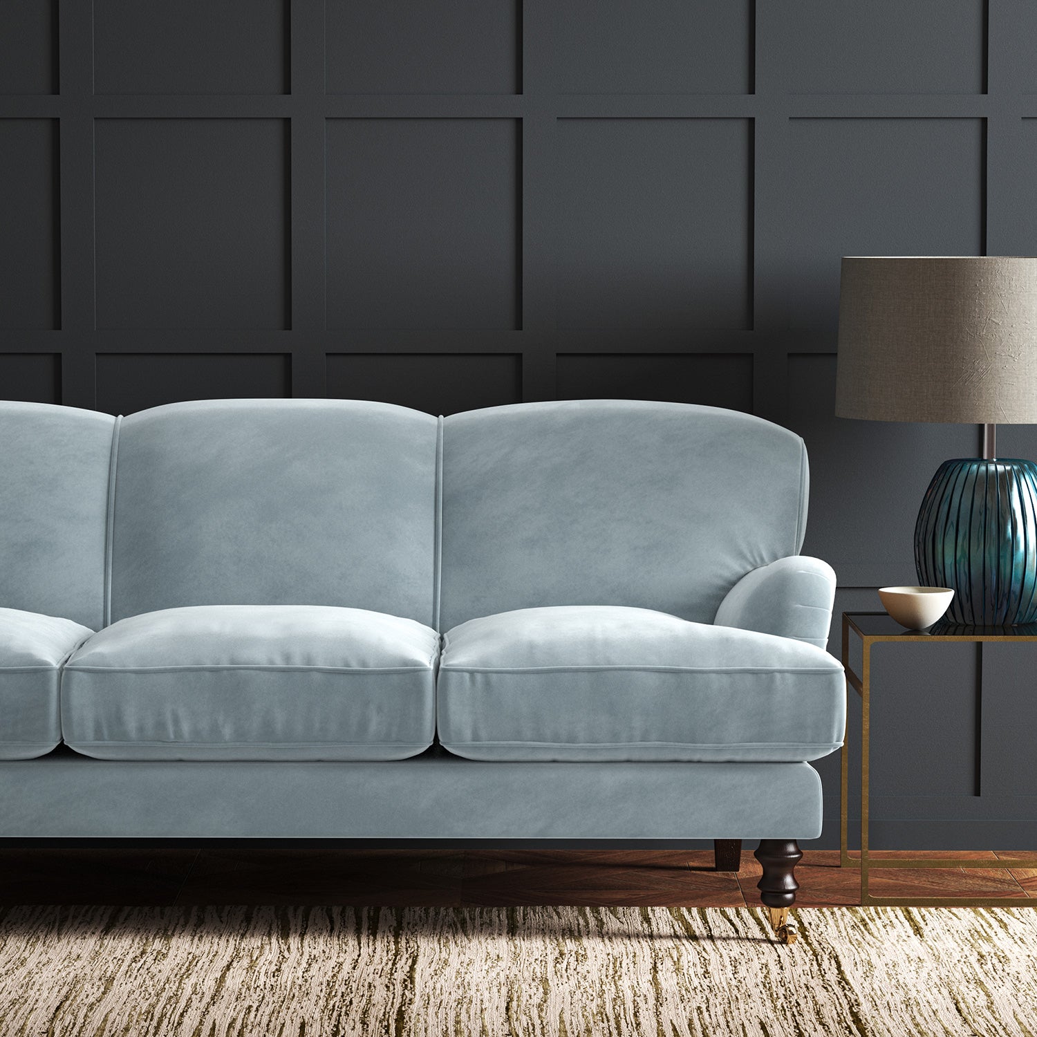 Blue eco velvet upholstery fabric on a sofa