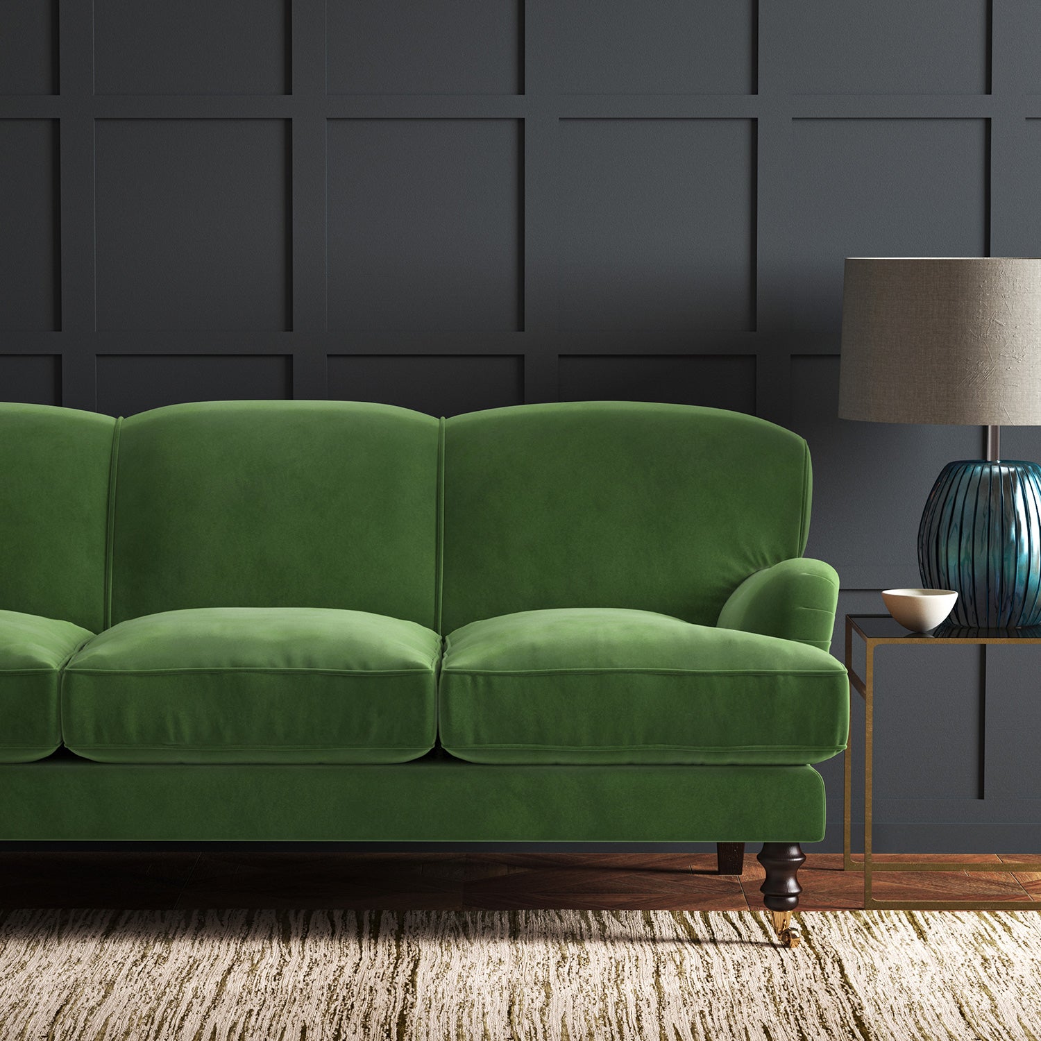 Green eco velvet upholstery fabric on a sofa