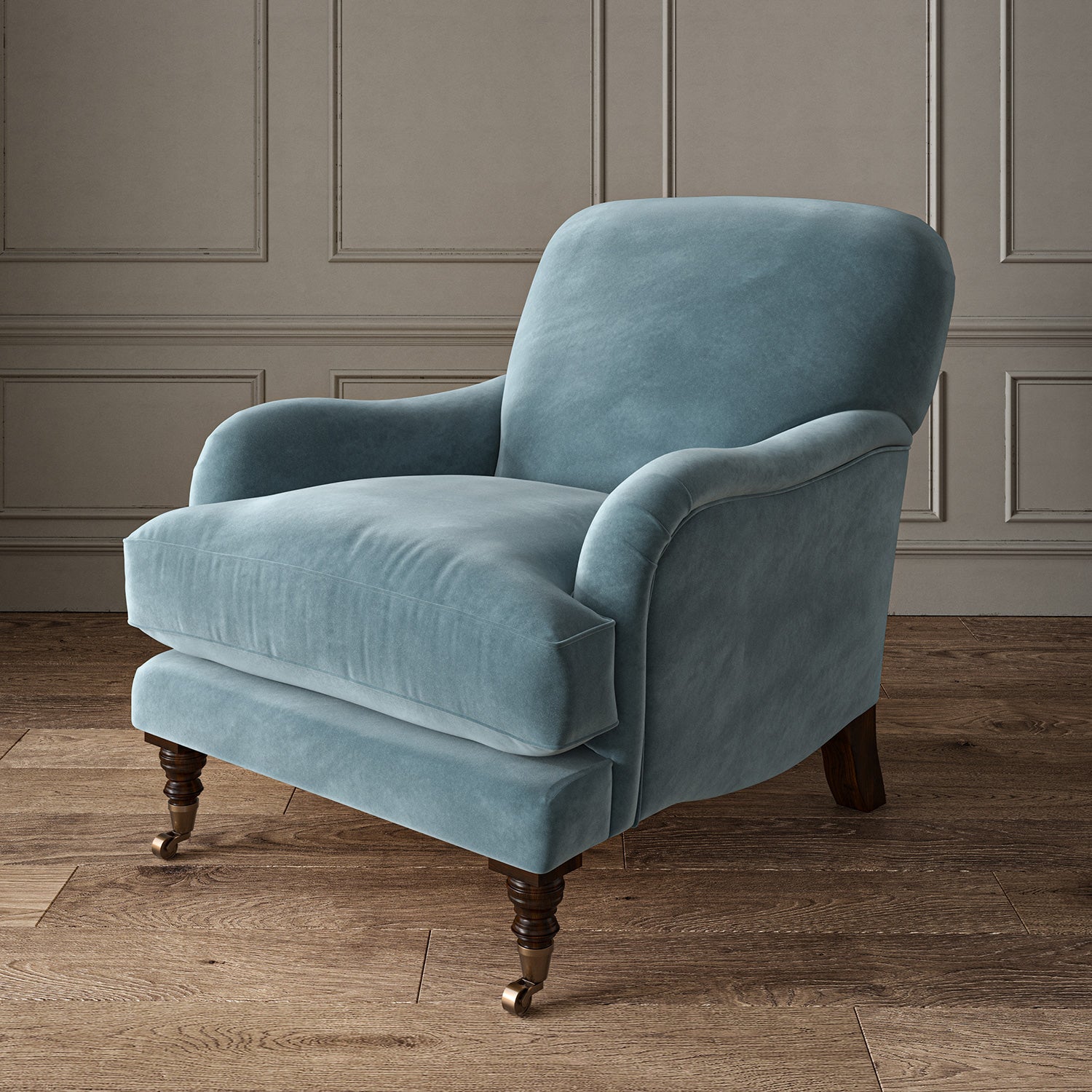 Blue eco velvet upholstery fabric on an armchair