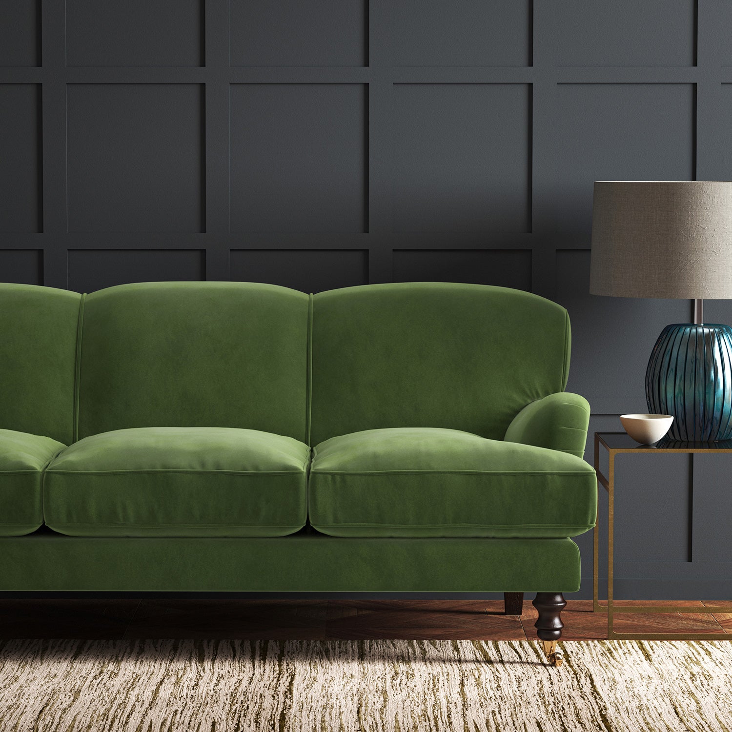 Green eco velvet upholstery fabric on a sofa
