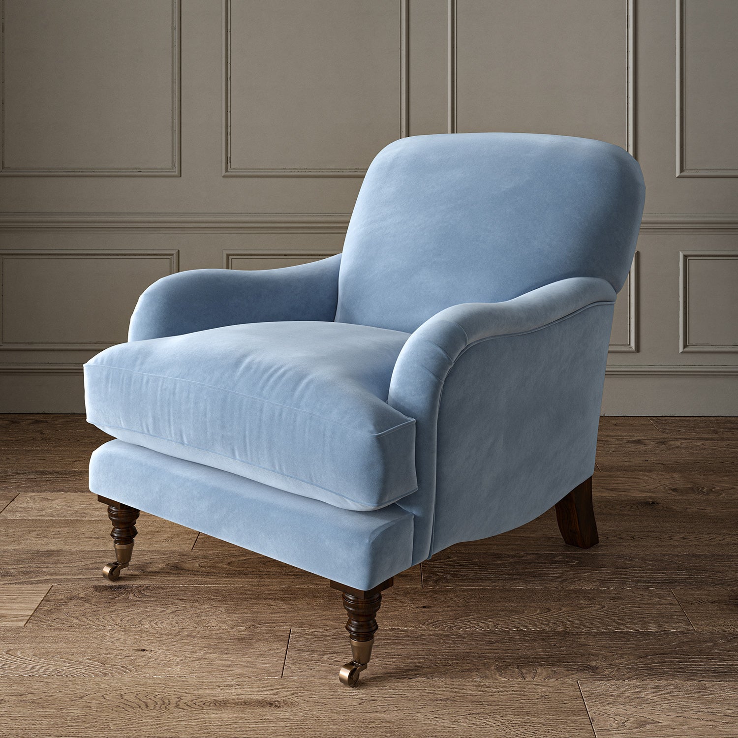 Blue eco velvet upholstery fabric on an armchair