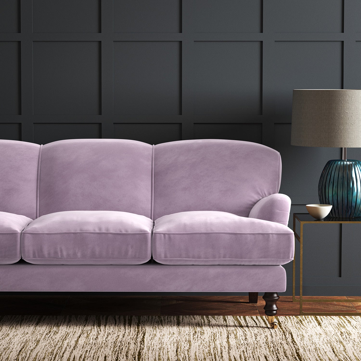 Purple eco velvet upholstery fabric on a sofa