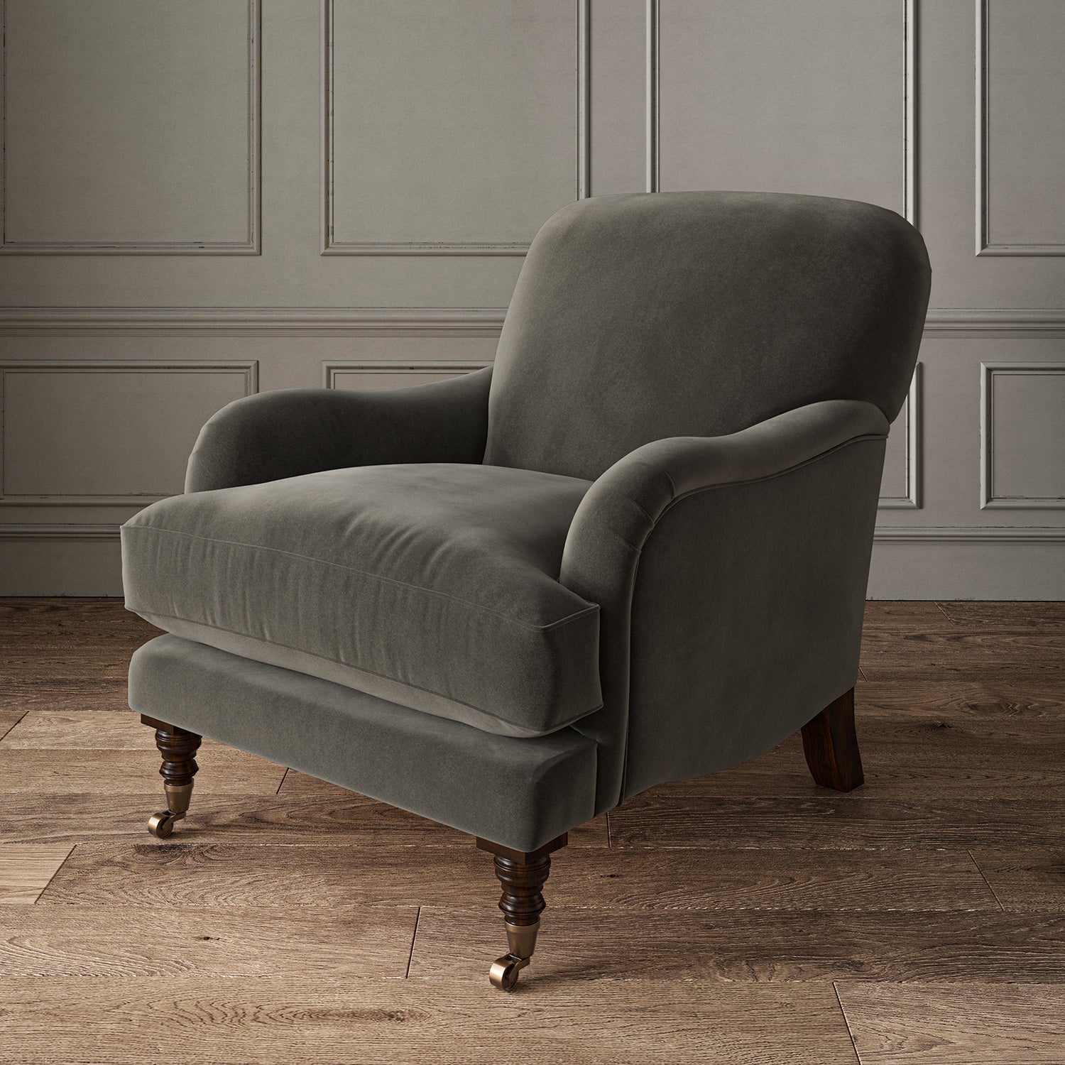 Grey eco velvet upholstery fabric on an armchair