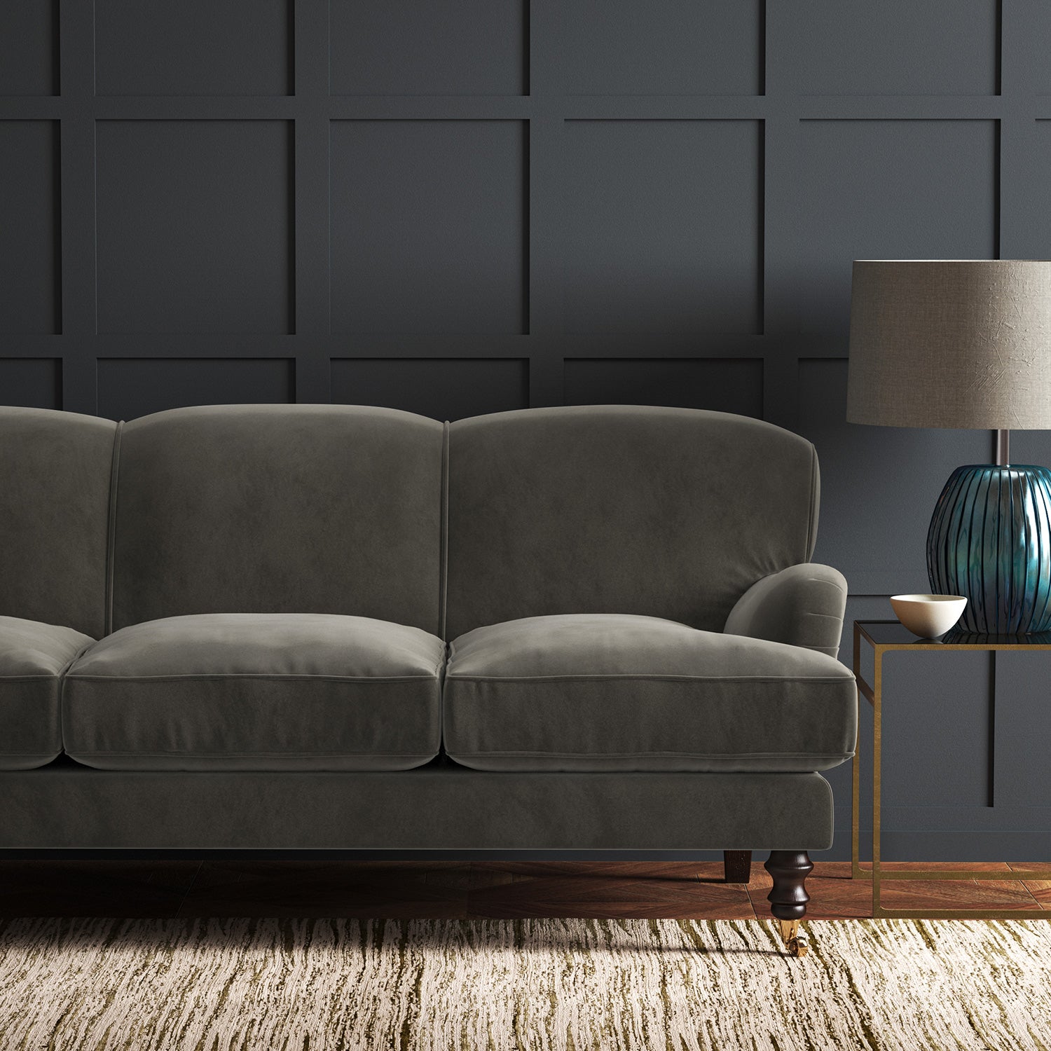 Grey eco velvet upholstery fabric on a sofa