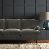Grey eco velvet upholstery fabric on a sofa