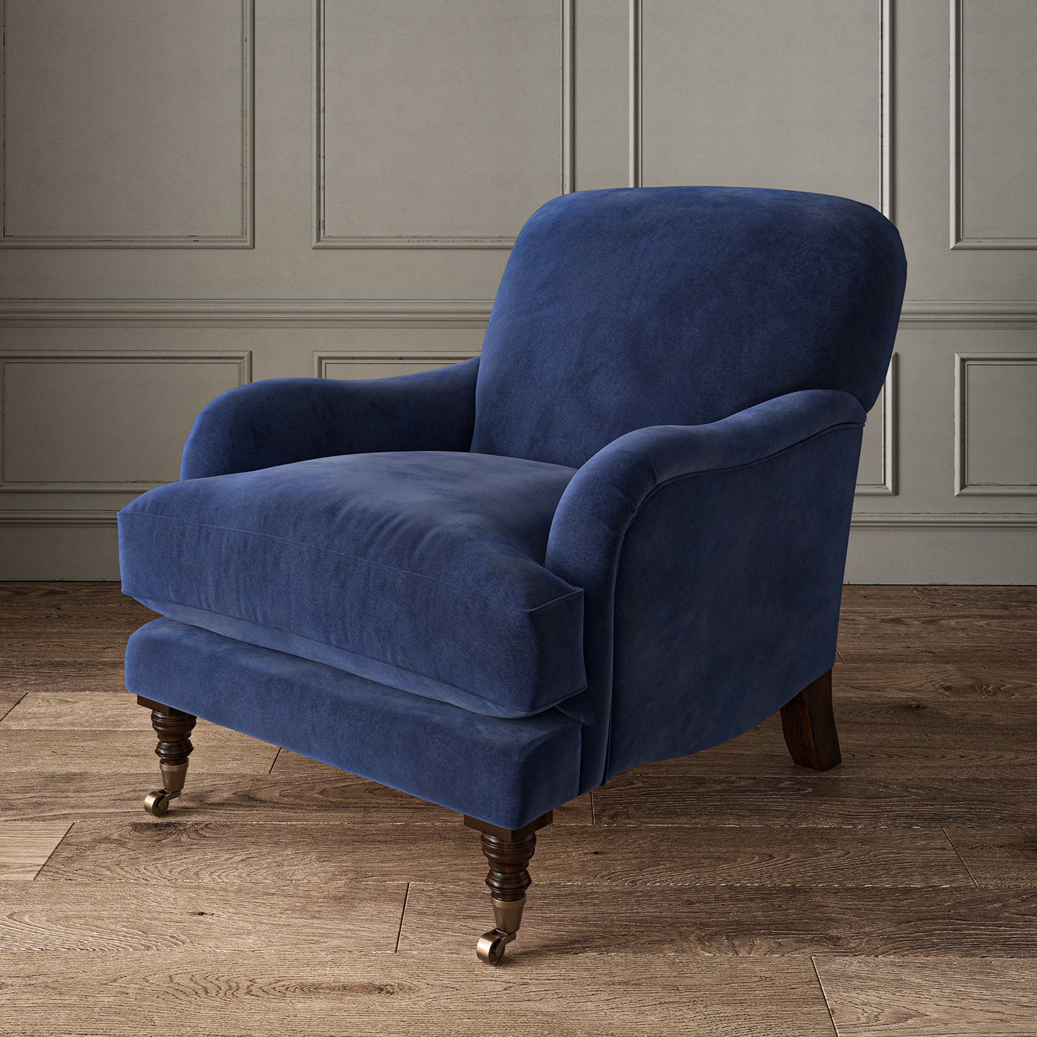 Blue eco velvet upholstery fabric on an armchair