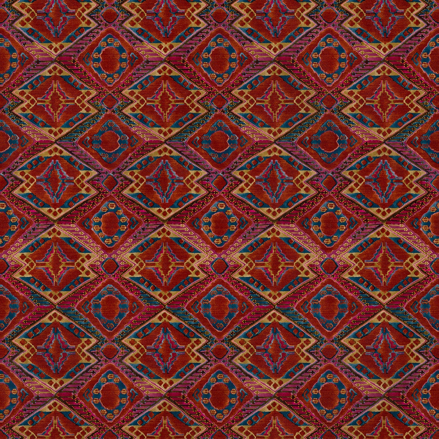 Printed velvet fabric – an exuberant carpet design in red colours for curtains and upholstery.