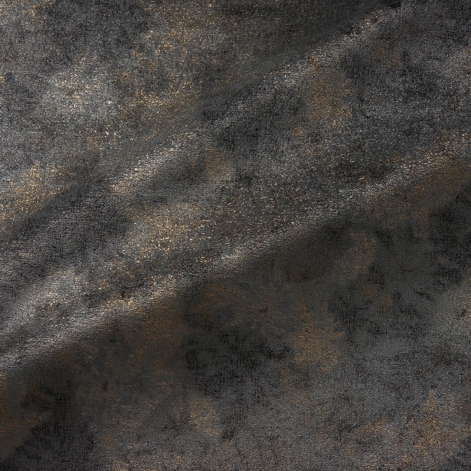 Fabric swatch of a luxurious grey velvet upholstery fabric with a metallic foil design