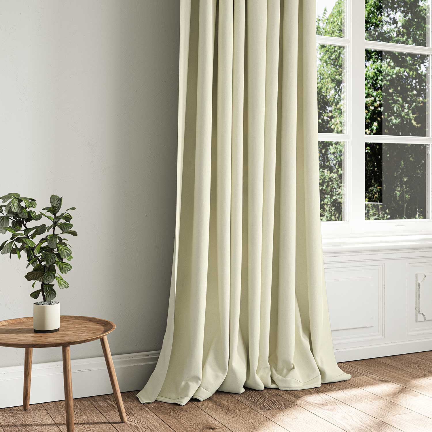 A cream woven fabric shown as a curtain.