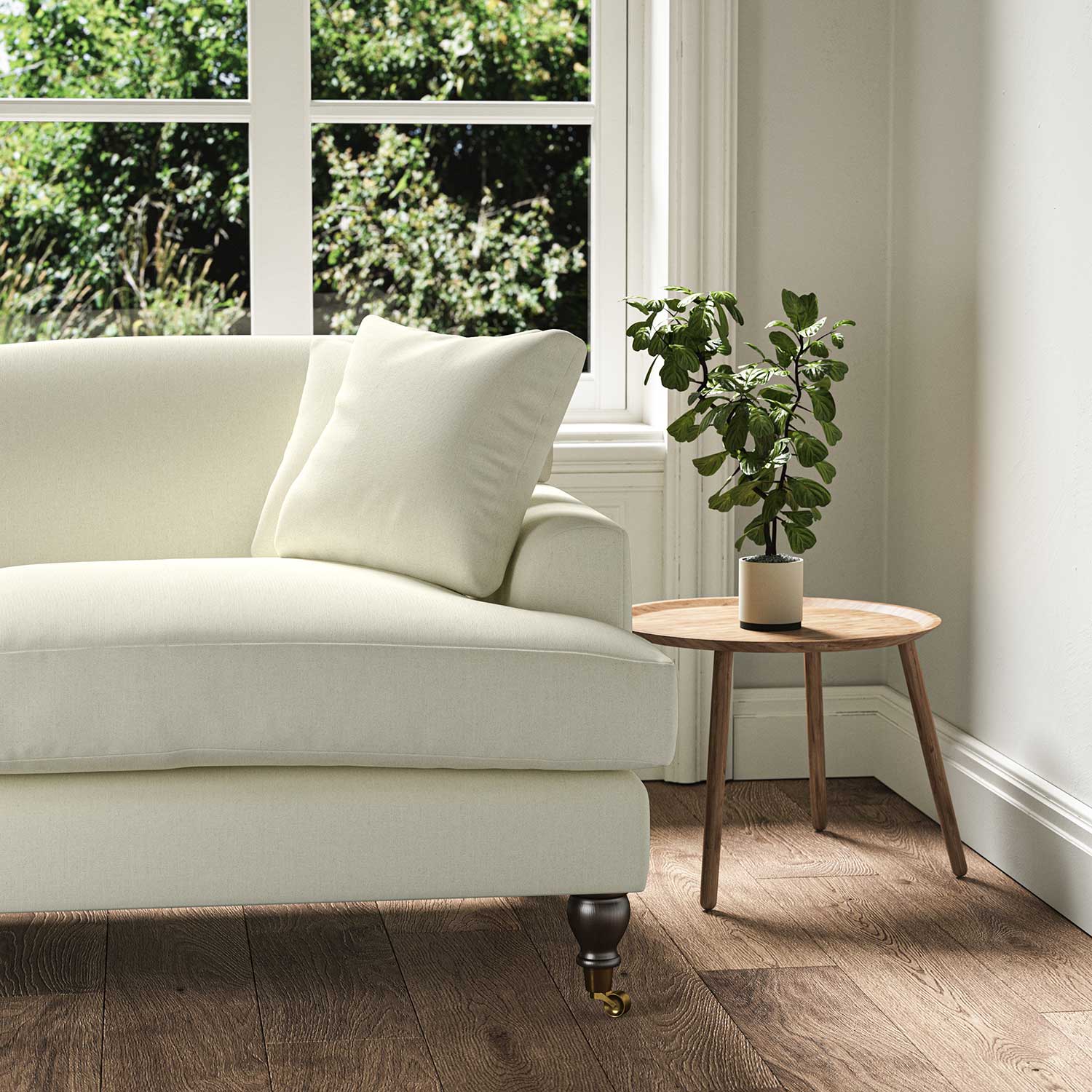A cream stain resistant woven fabric on an armchair.