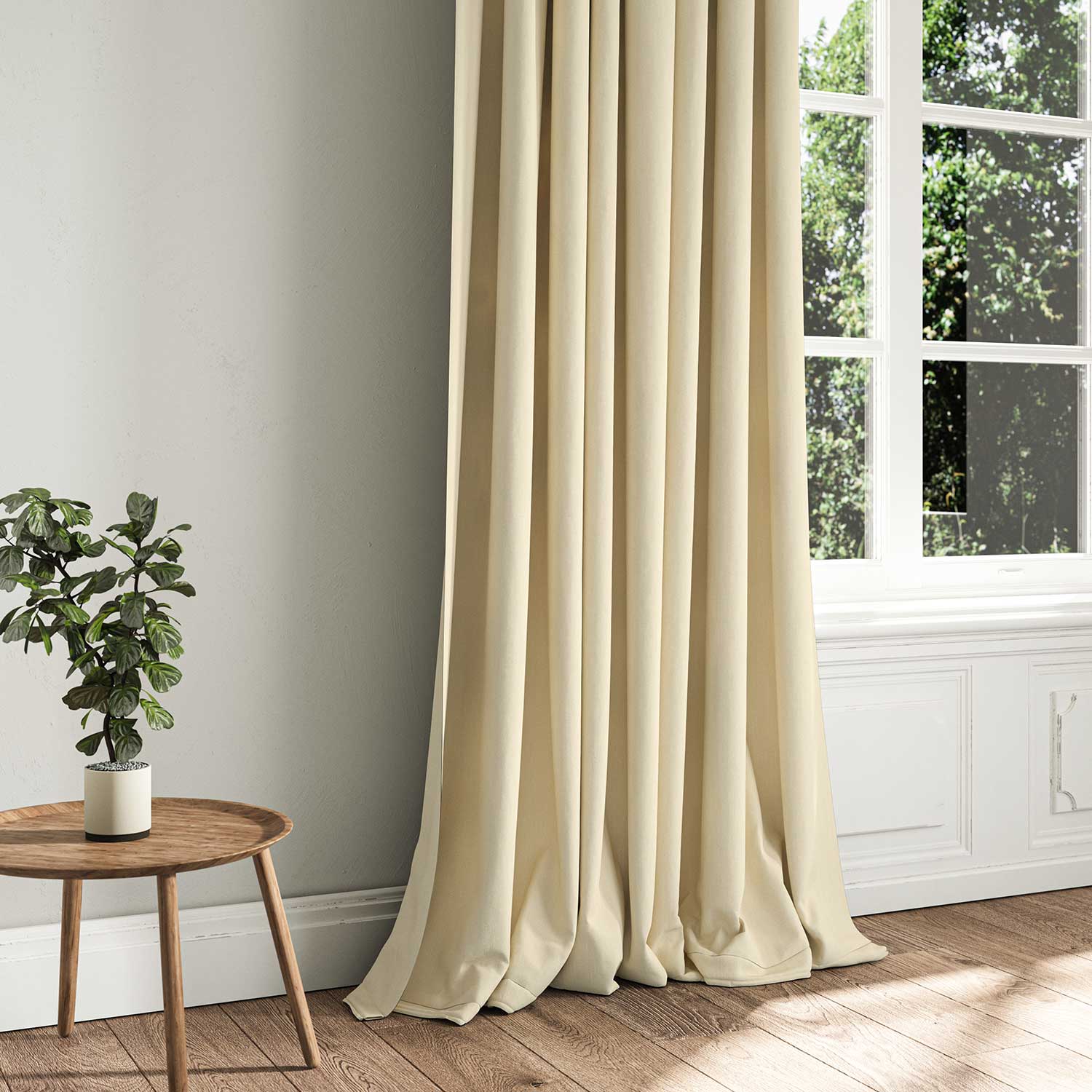 A cream woven fabric shown as a curtain.