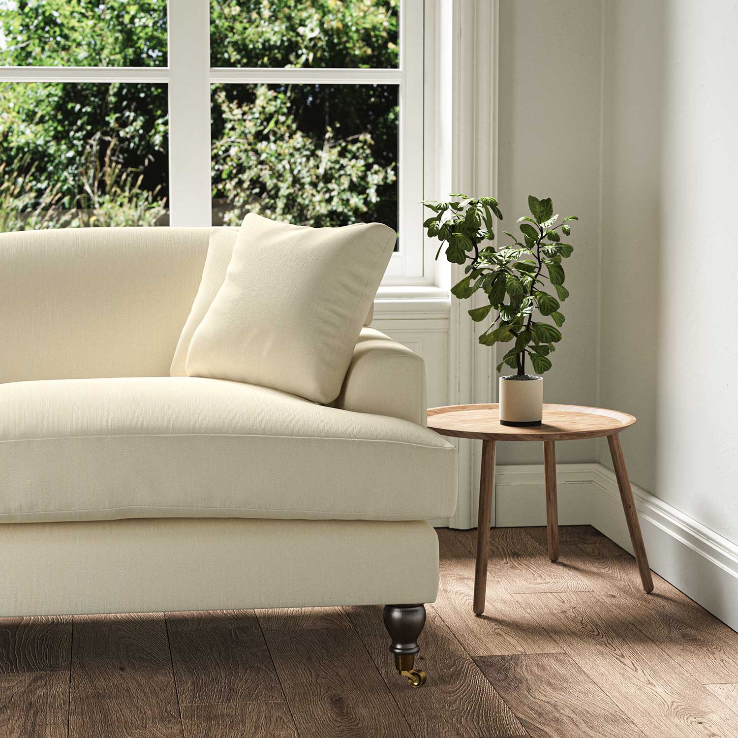 A cream, stain resistant woven fabric on an armchair.