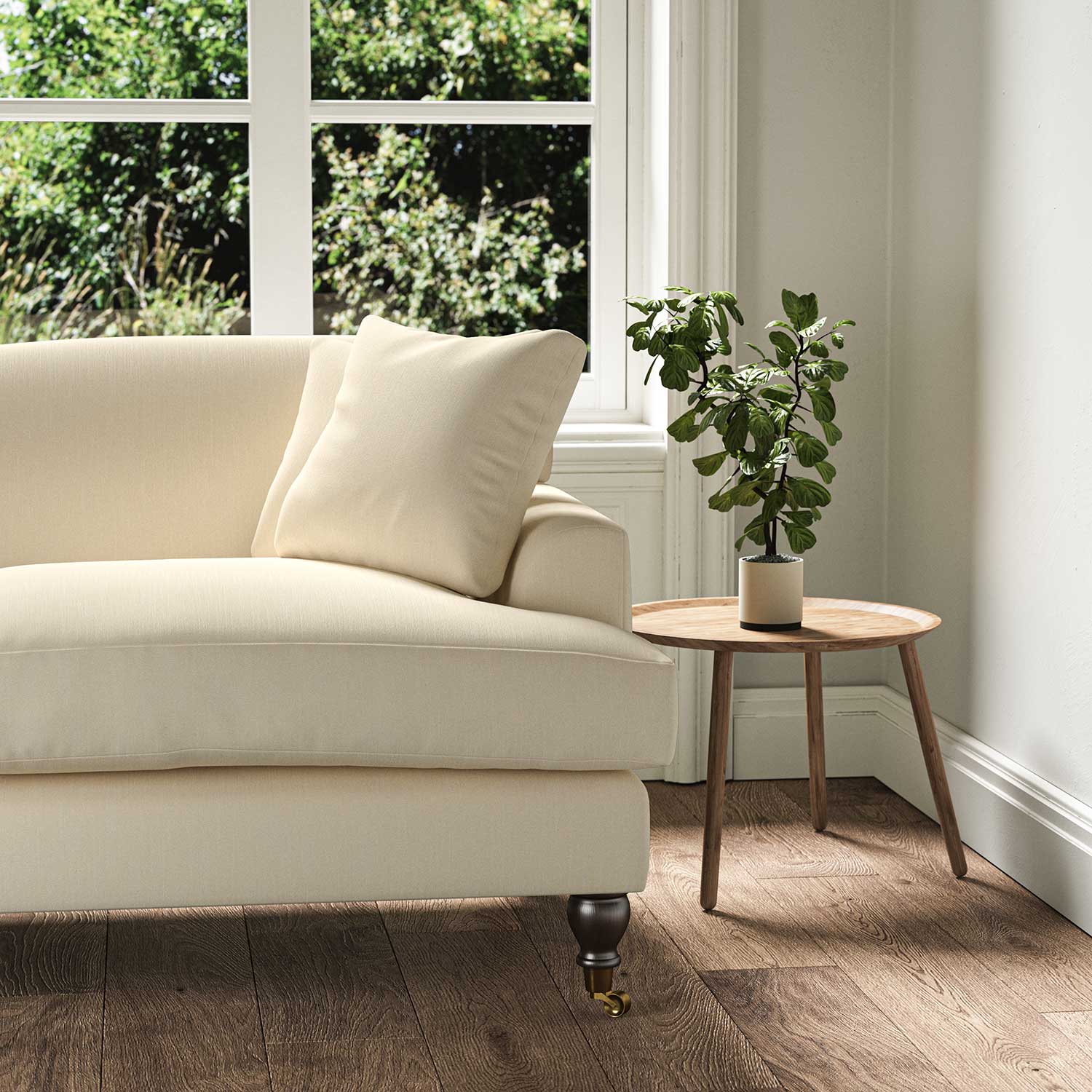 A cream, stain resistant woven fabric on an armchair