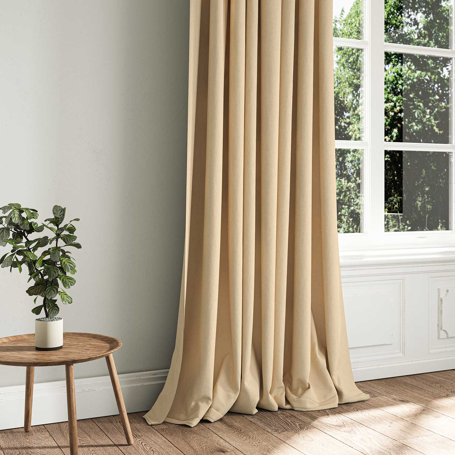 A gold woven fabric shown as a curtain.