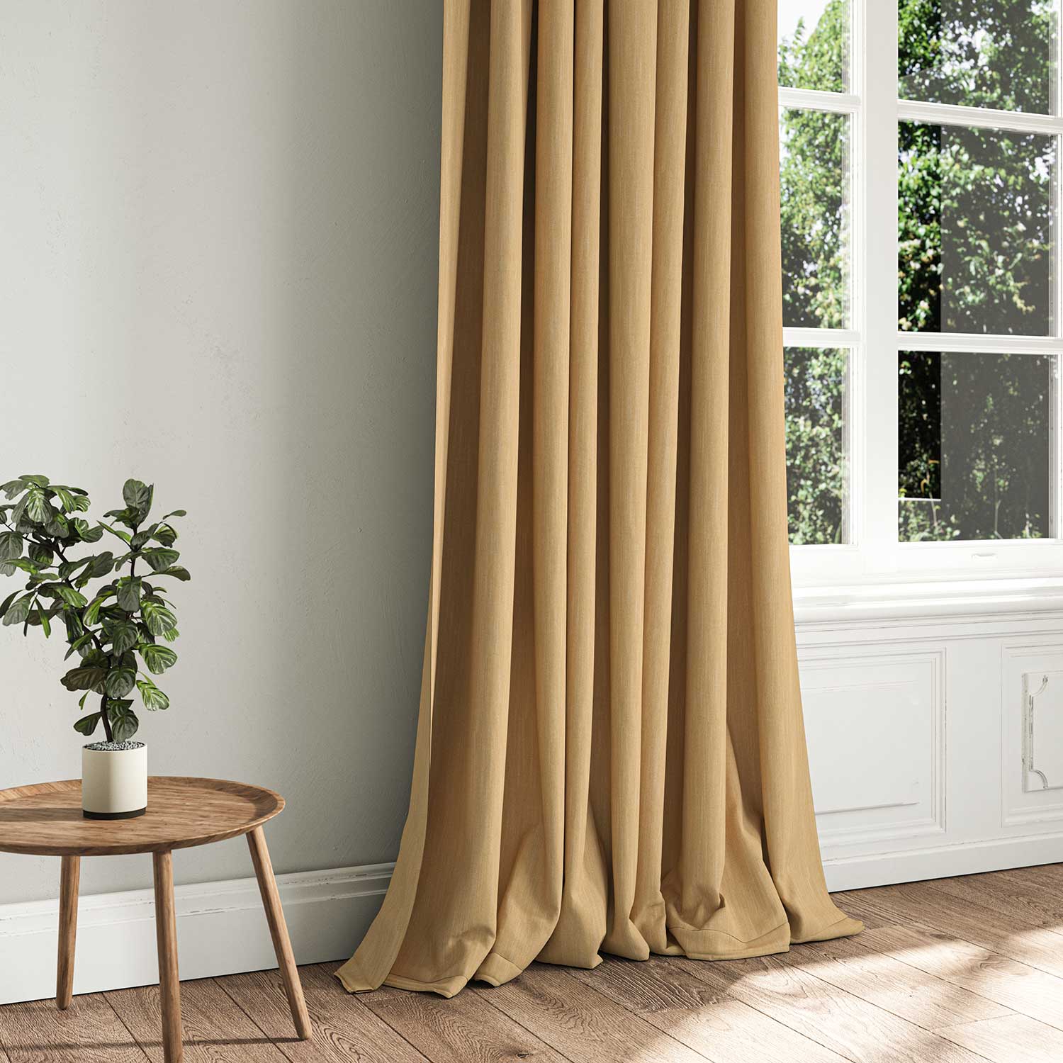 A yellow woven fabric shown as a curtain.