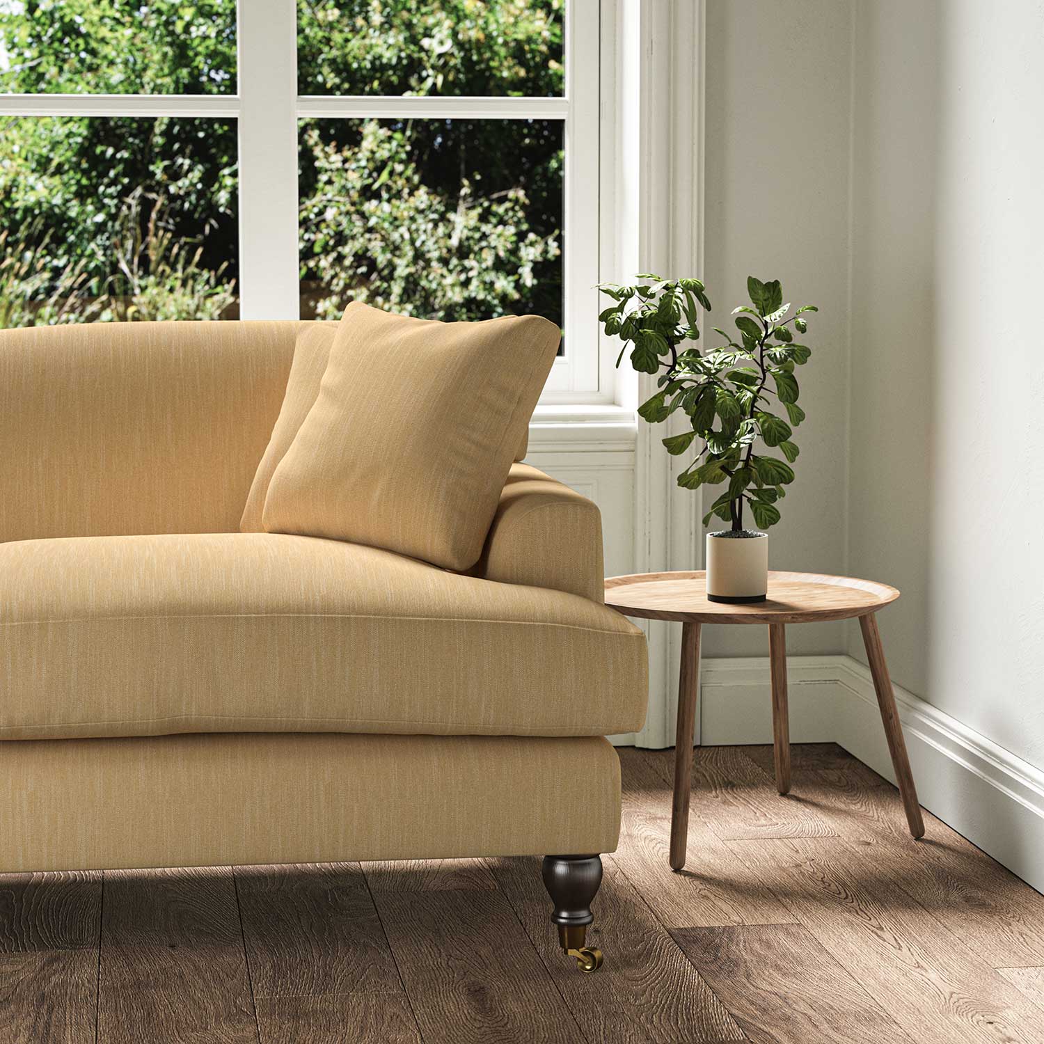 A yellow stain resistant woven fabric on an armchair.