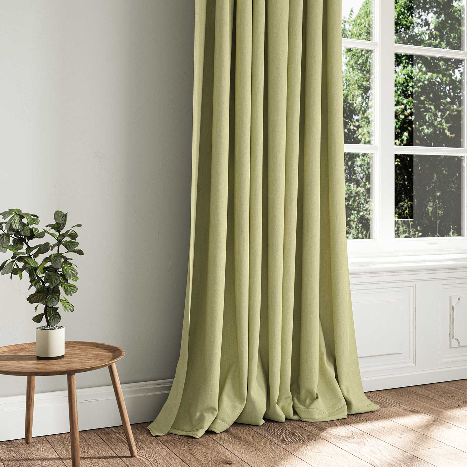 A green woven fabric shown as a curtain.