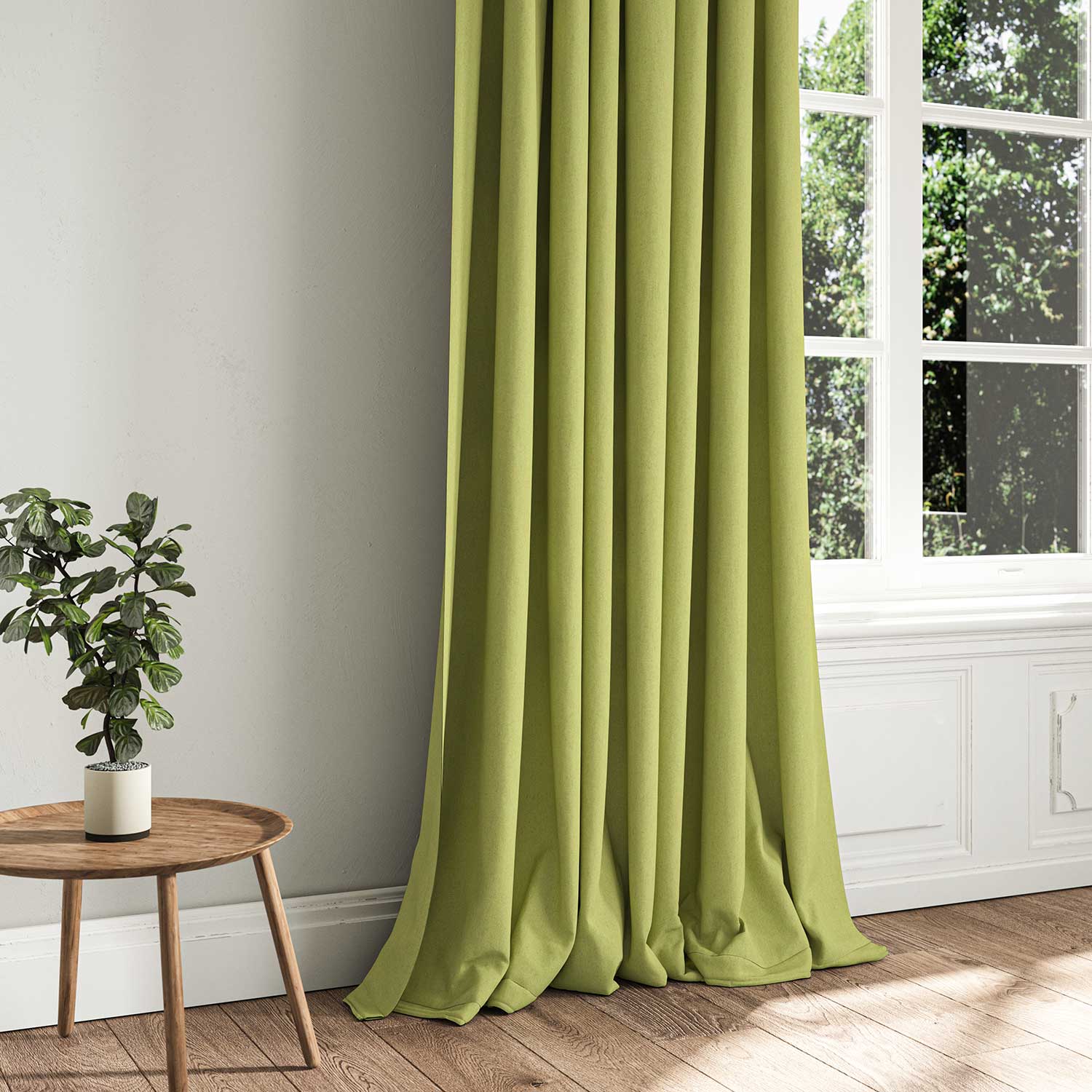 A green woven fabric shown as a curtain.