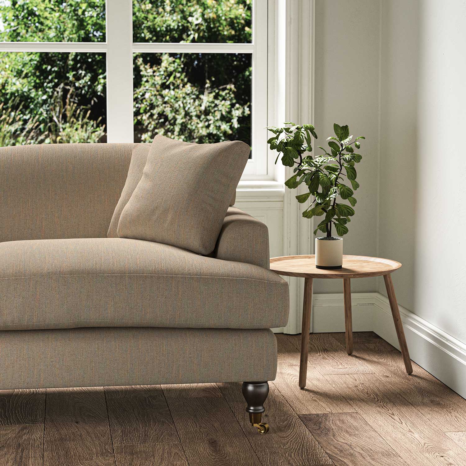 A brown stain resistant woven fabric on an armchair.