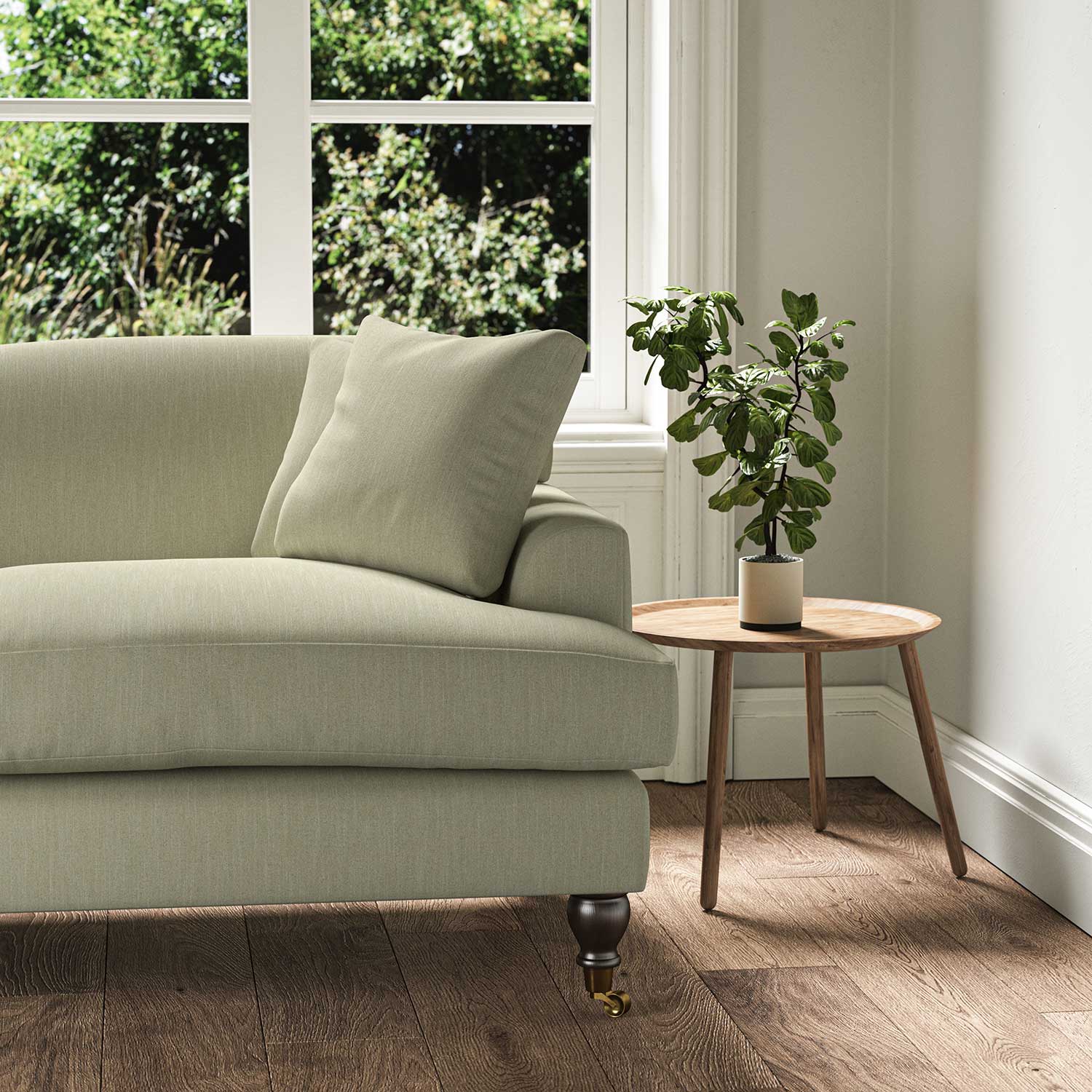 Sofa upholstered in a plain hemp coloured upholstery fabric with a stain resistant finish