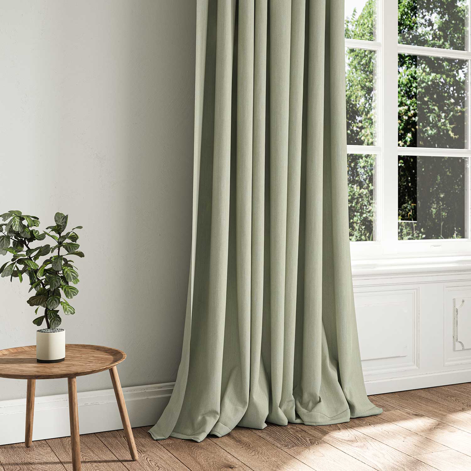 A grey woven fabric shown as a curtain.