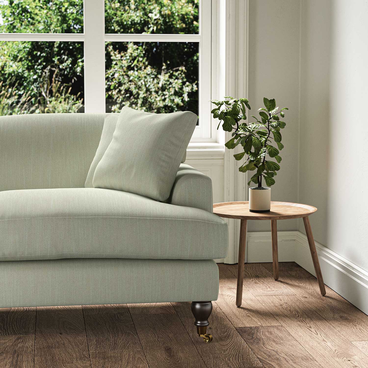 A grey stain resistant woven fabric on an armchair.