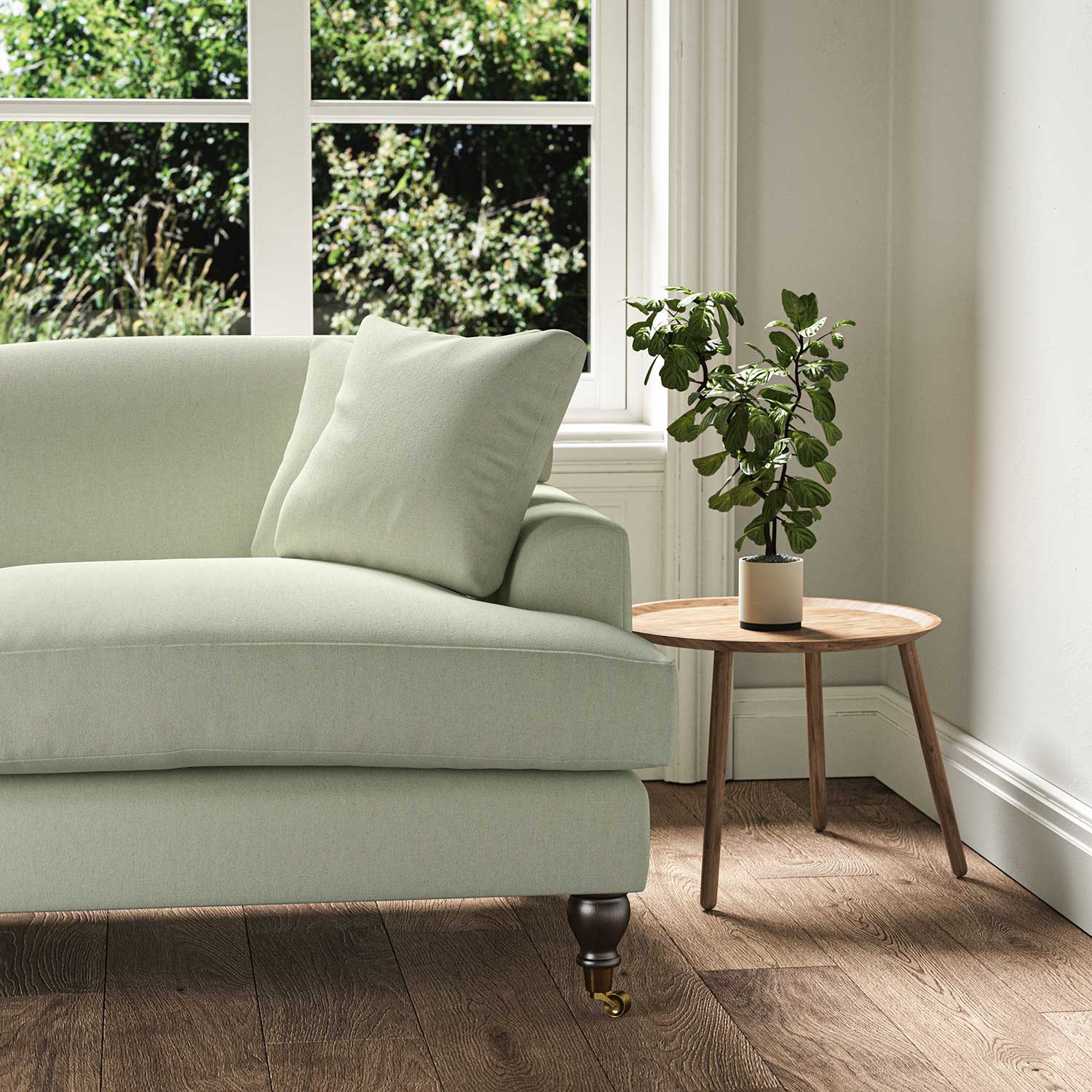 A green, stain resistant woven fabric on an armchair.