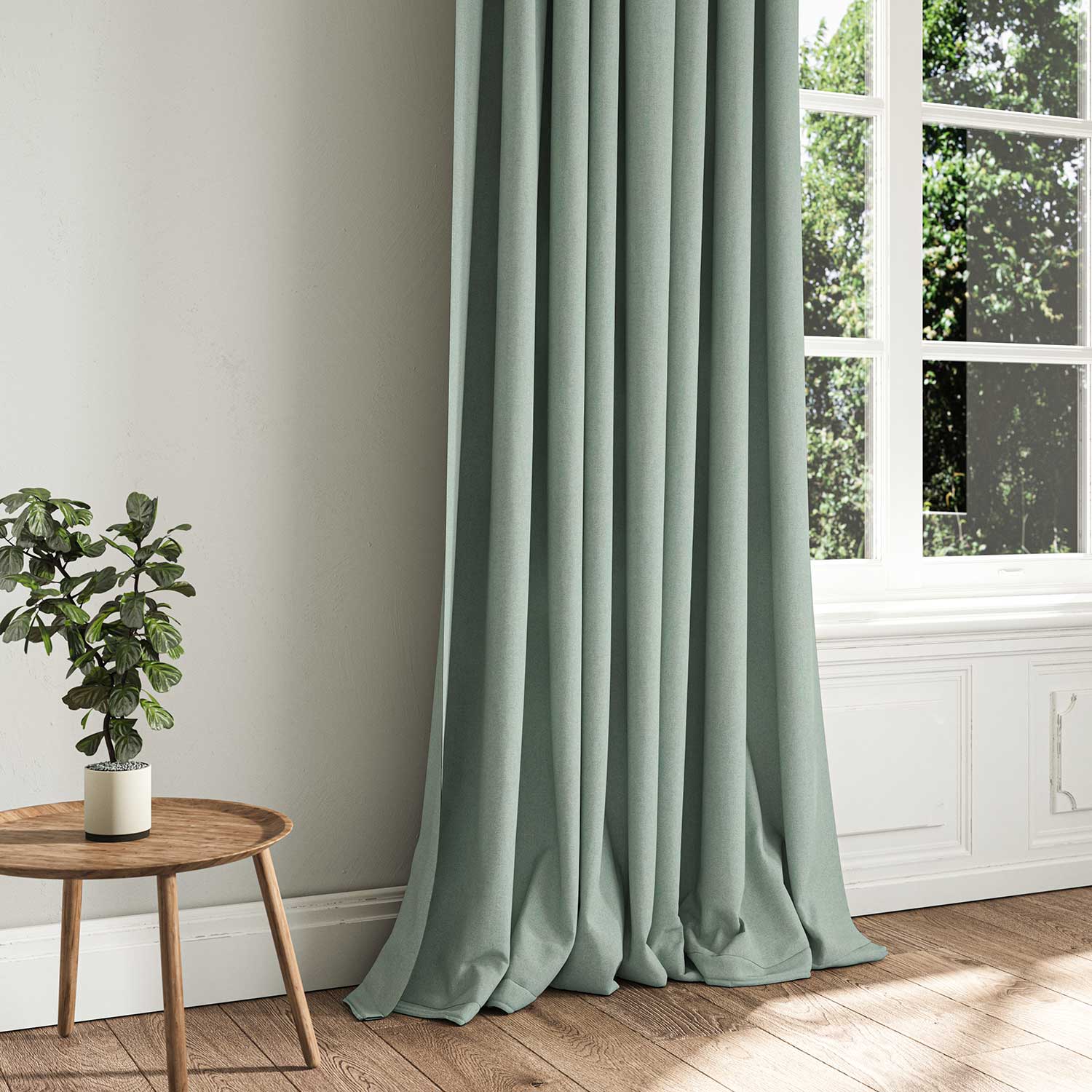 A blue woven fabric shown as a curtain.
