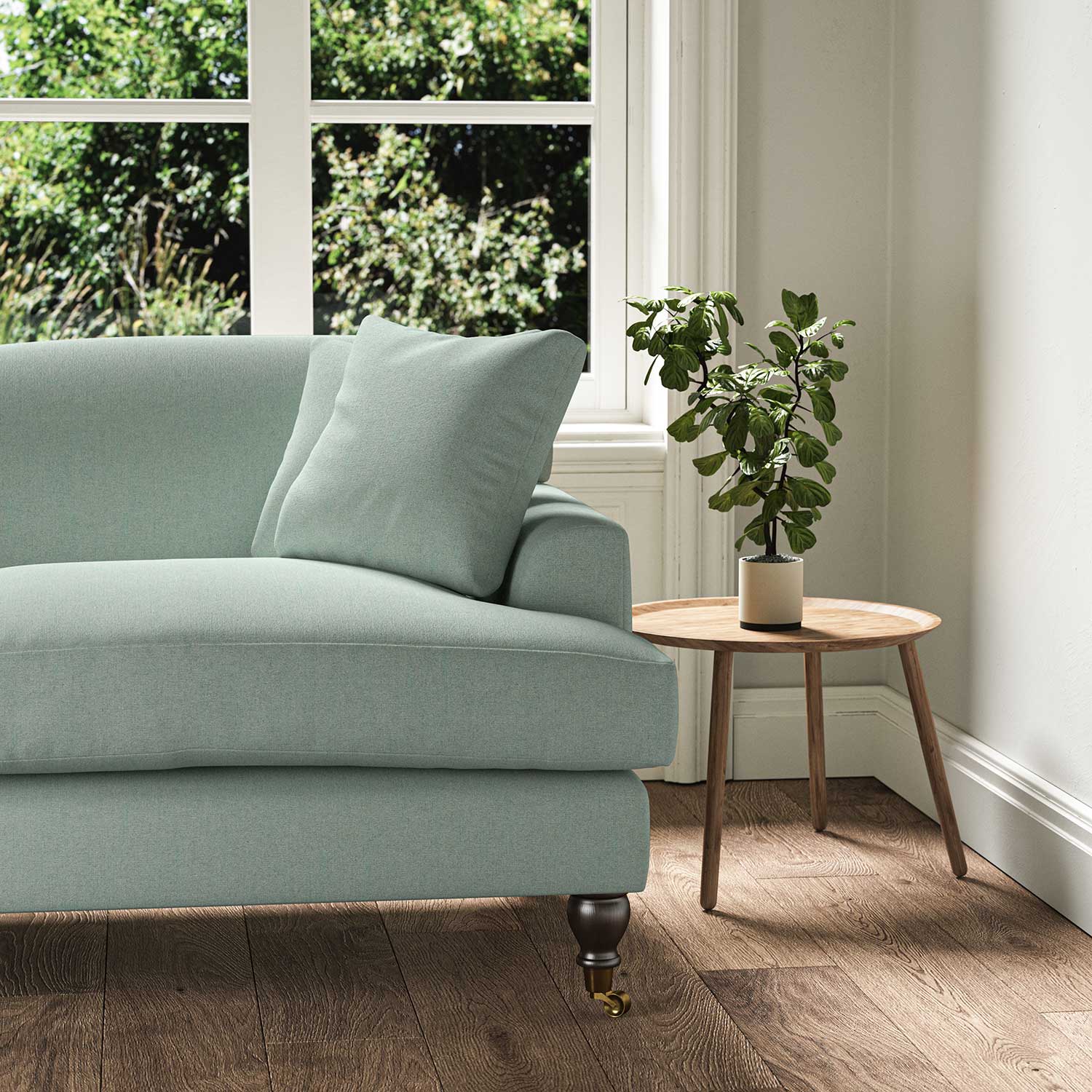 A blue stain resistant woven fabric on an armchair.