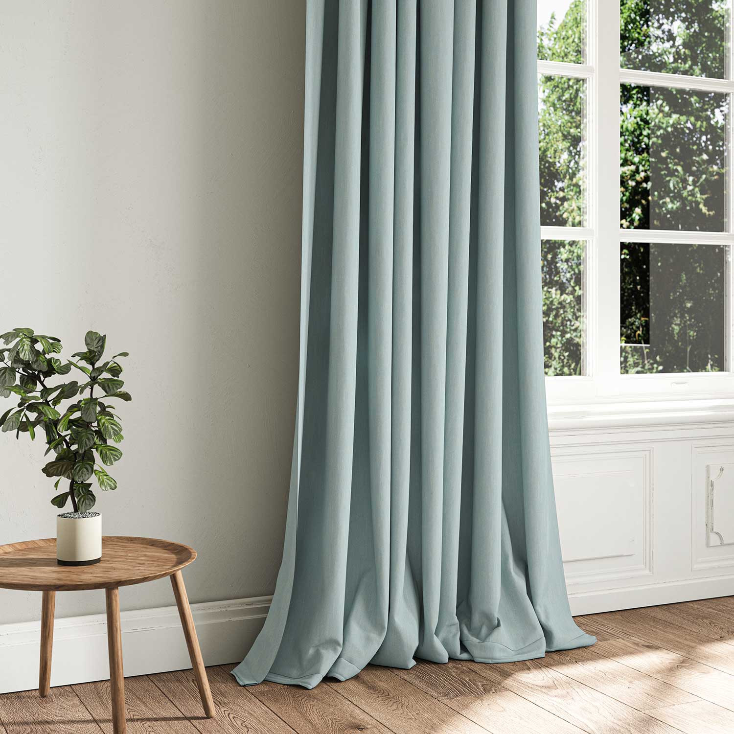 A blue woven fabric shown as a curtain.