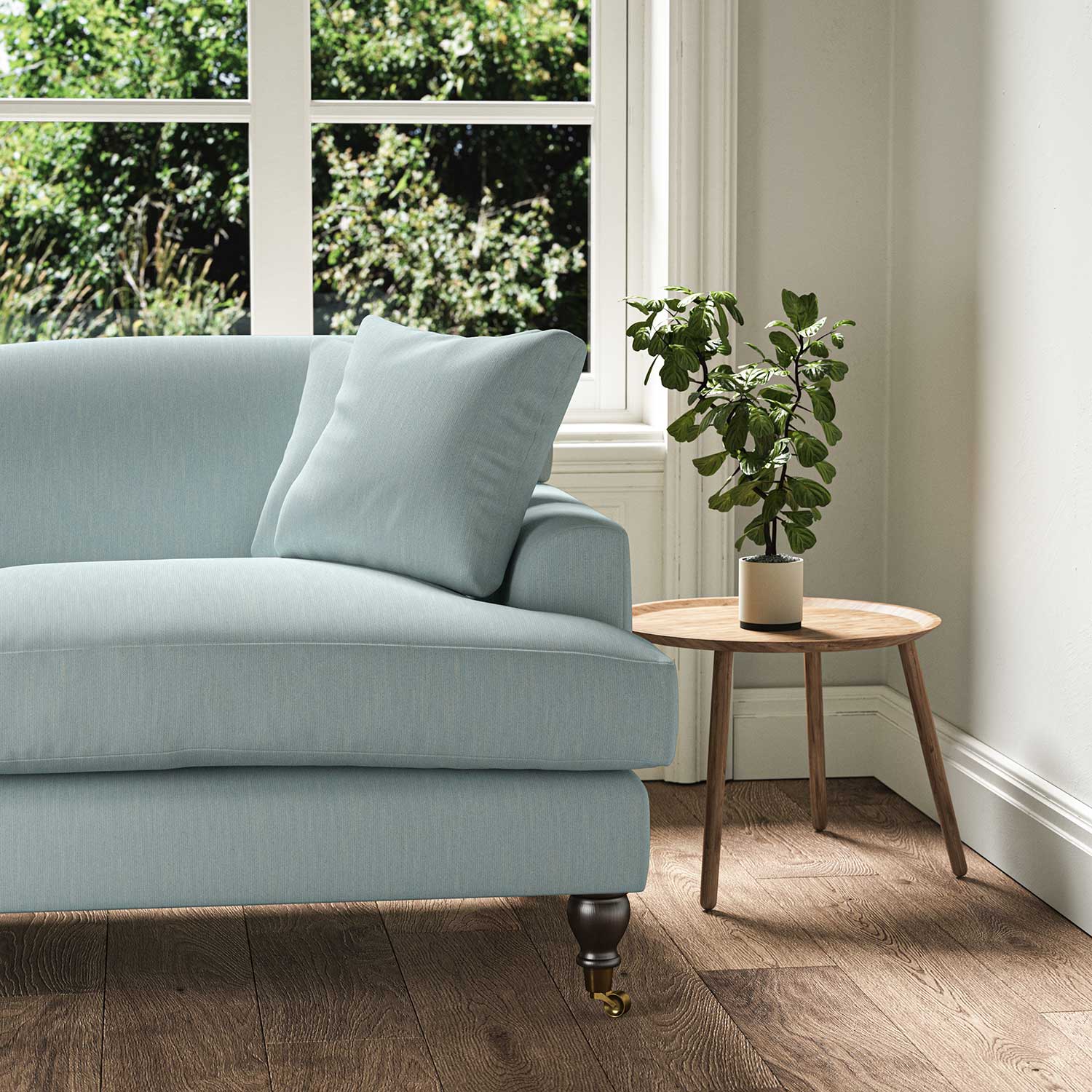 A blue stain resistant woven fabric on an armchair.
