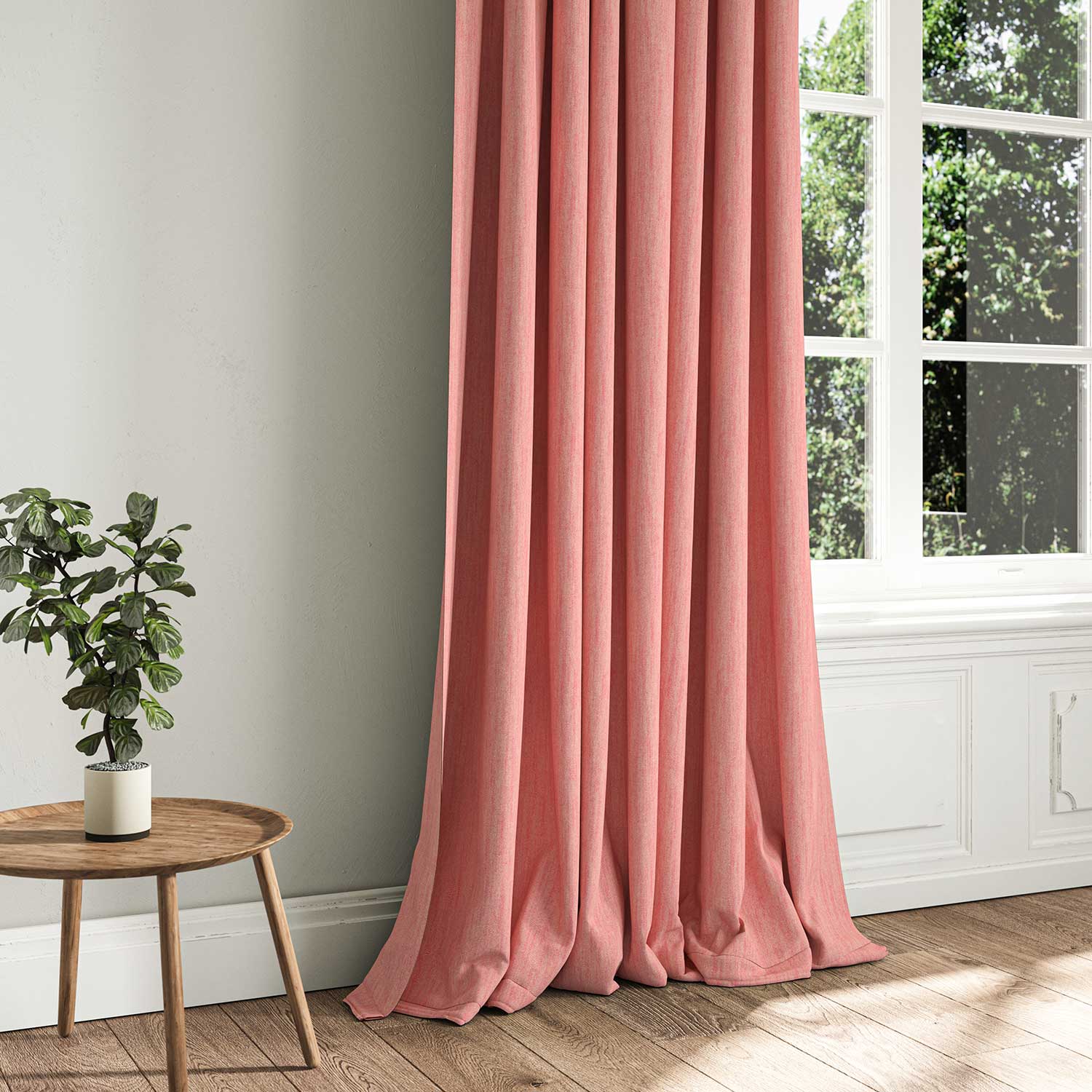 A pink woven fabric shown as a curtain.