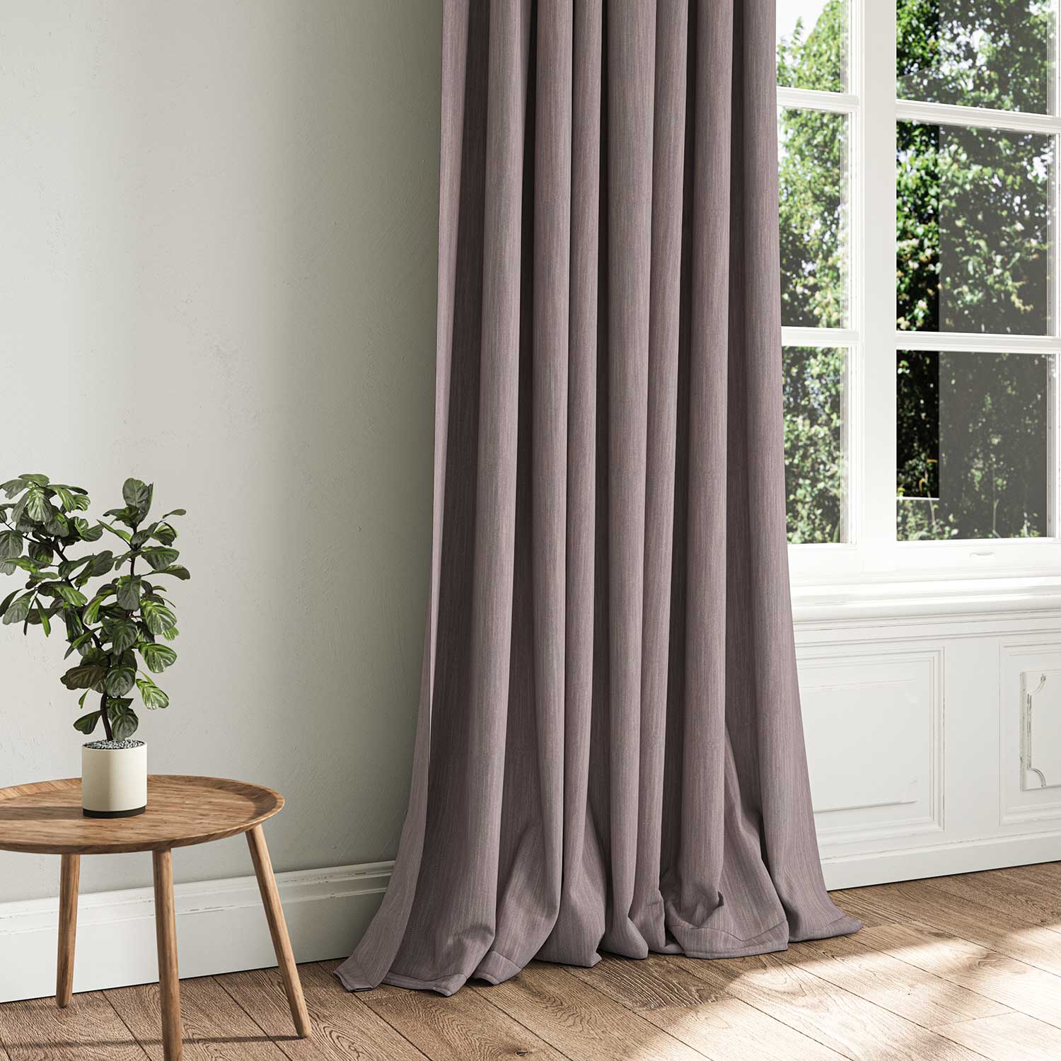 A purple woven fabric shown as a curtain.