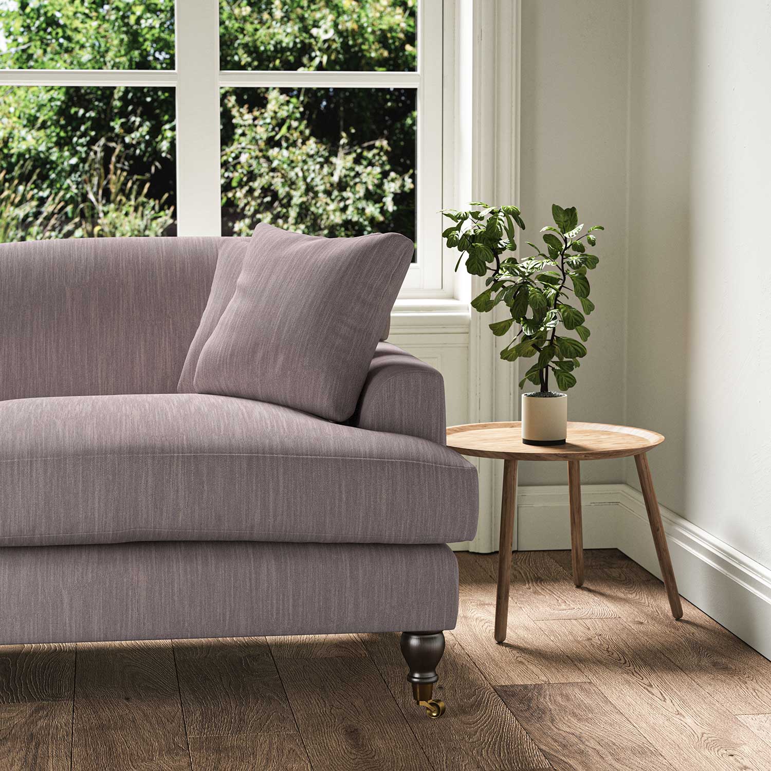 A purple stain resistant woven fabric on an armchair.