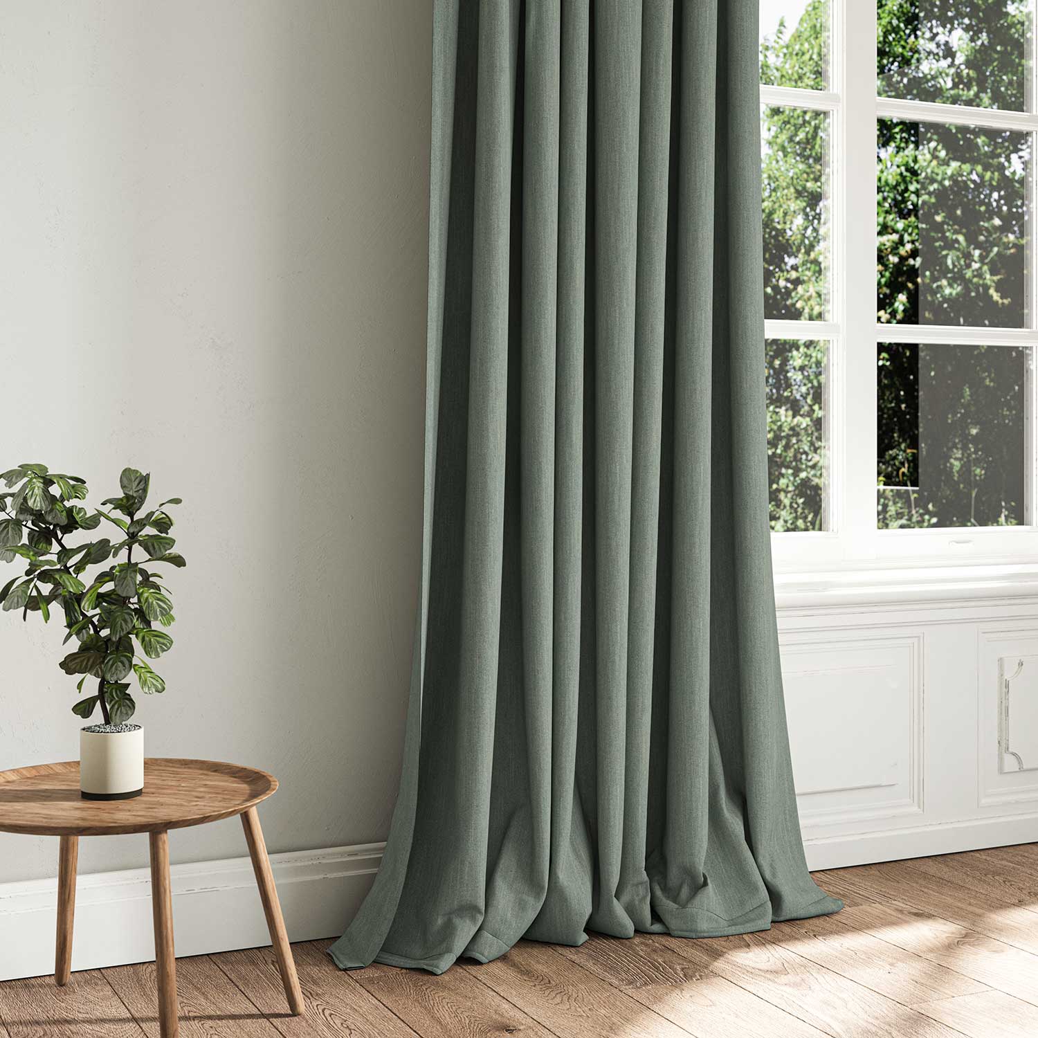 A grey woven fabric shown as a curtain.